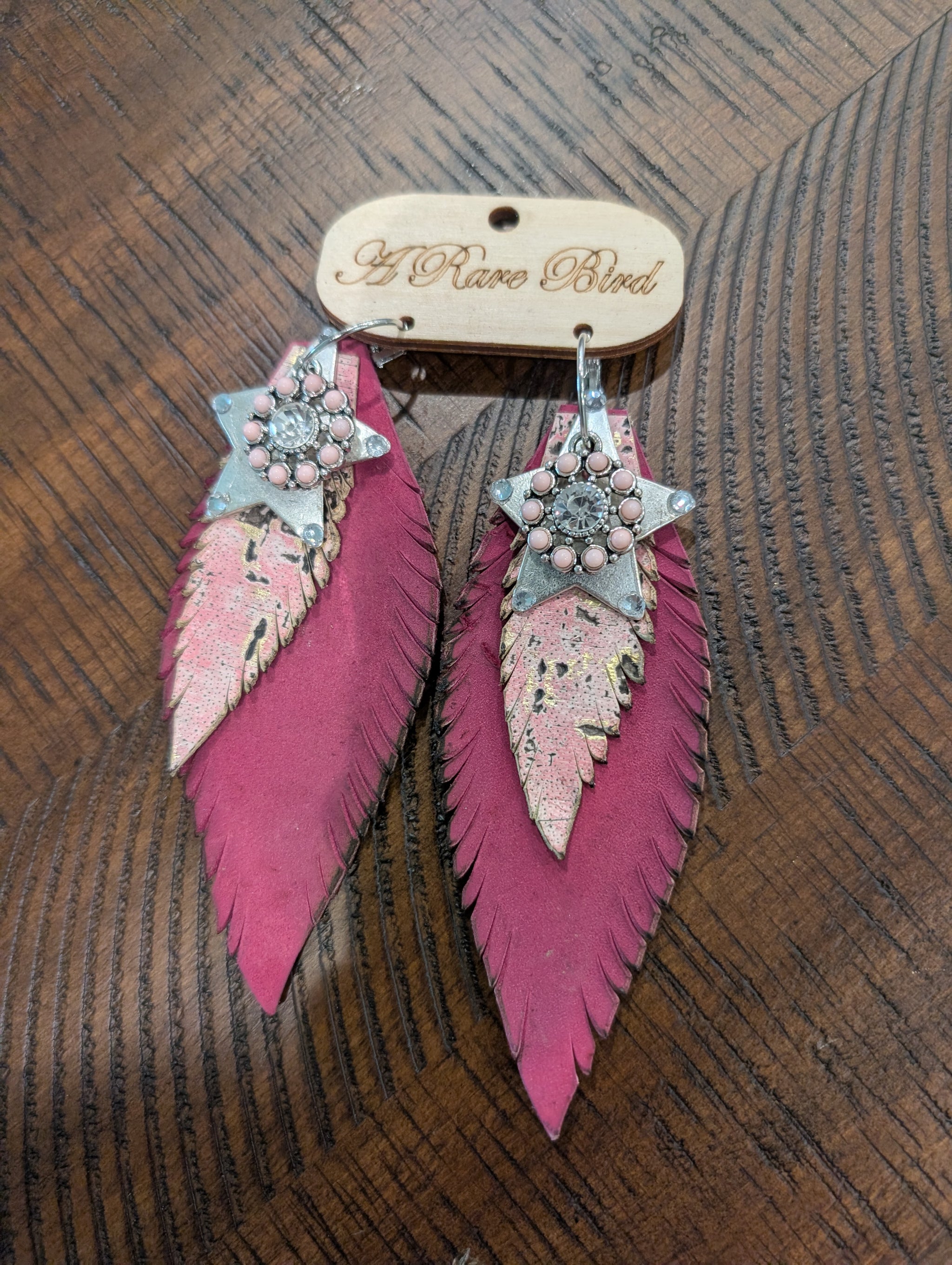 A Rare Bird Leather Feather Earrings - Berry & Rose Gold Cork