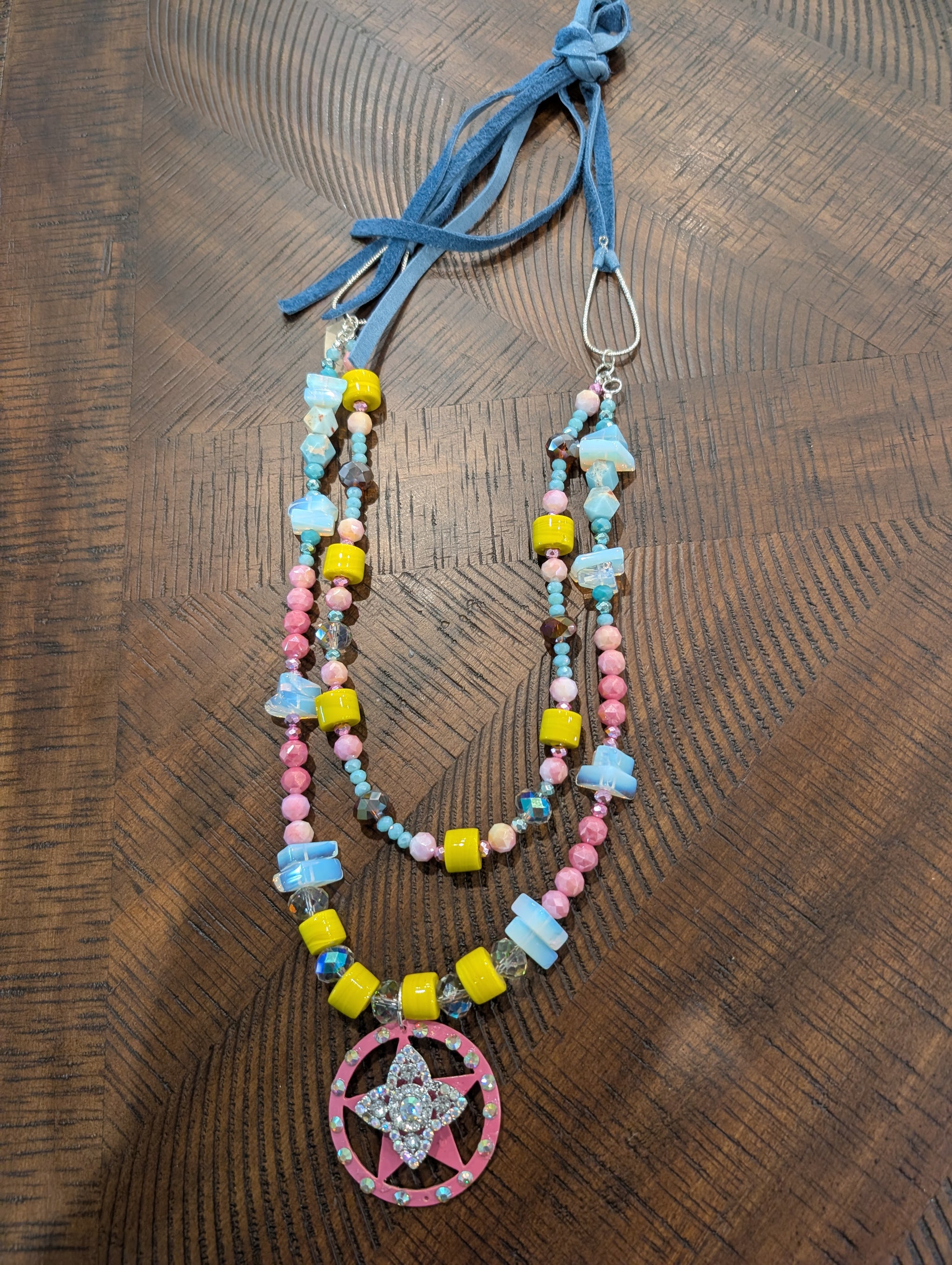 A Rare Bird Beaded Star Pendant Necklace - Yellow Blue Pink