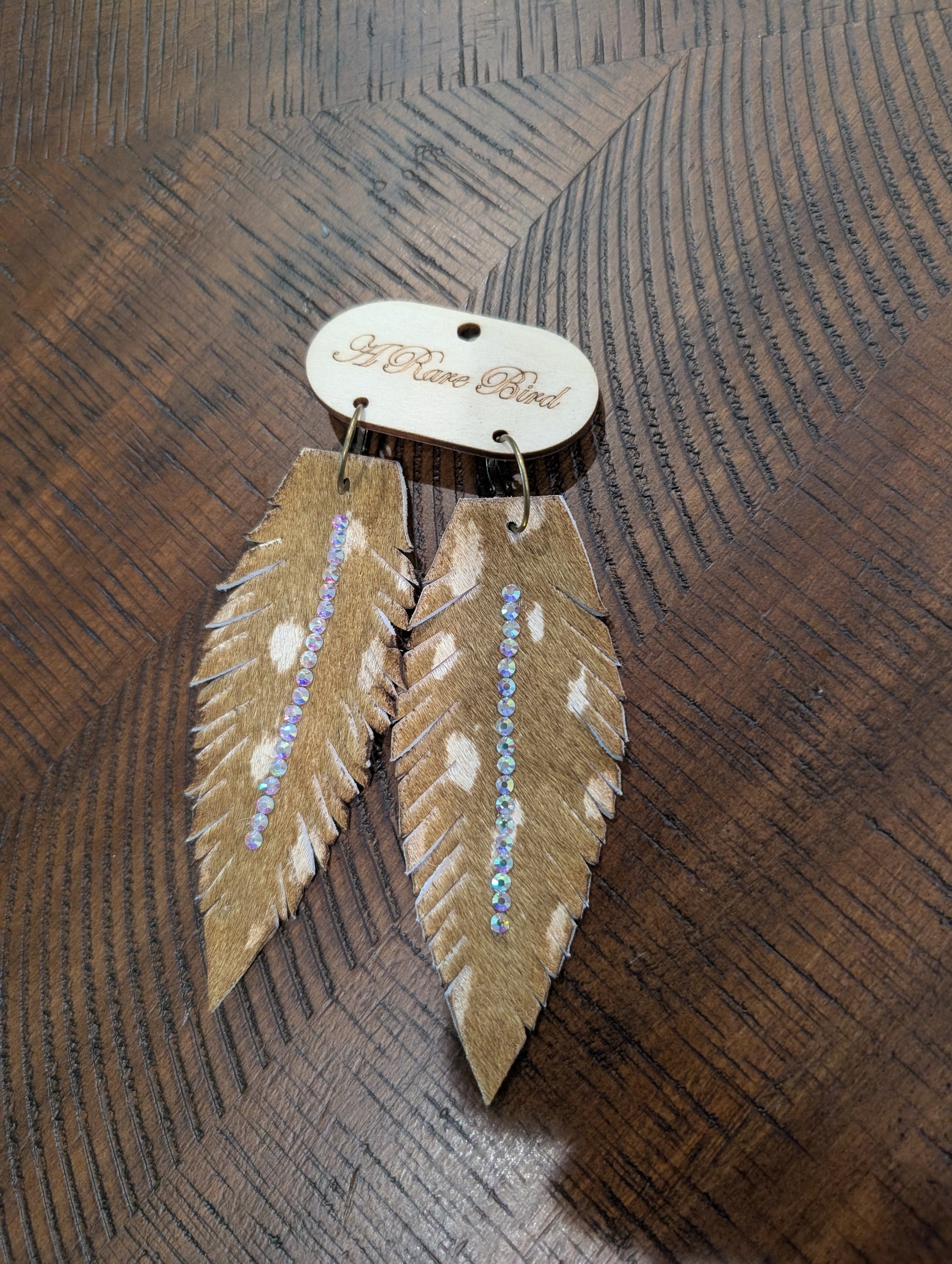 A Rare Bird Cowhide Feather Crystal Earrings - Tan Spotted