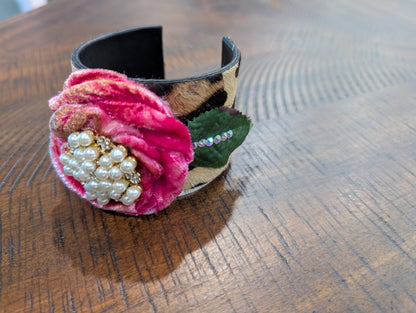 A Rare Bird Cowhide Velvet Rose & Pearl Cuff Bracelet - Front View