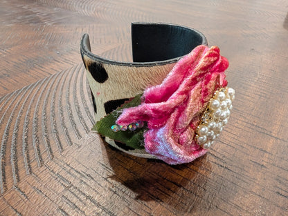 A Rare Bird Cowhide Velvet Rose & Pearl Cuff Bracelet - Side View