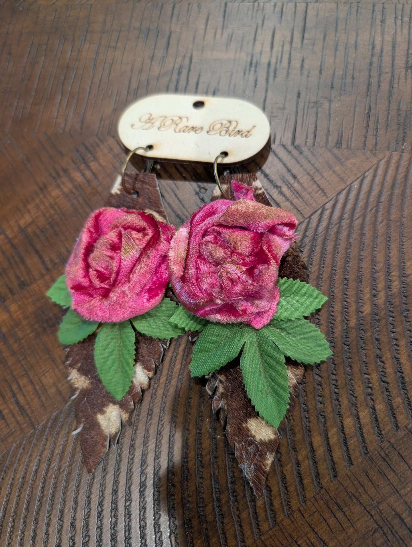A Rare Bird Cowhide Velvet Rose & Leaf Earrings - Magenta