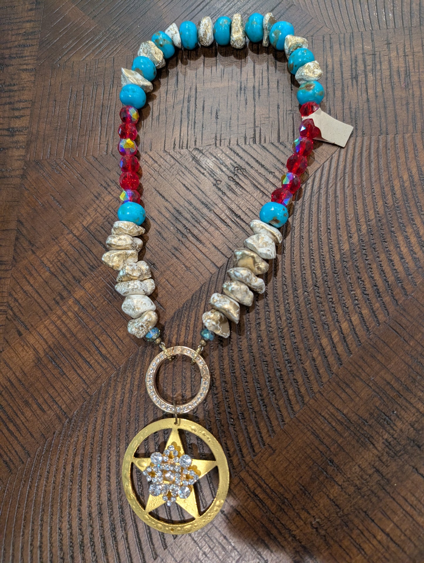 A Rare Bird Turquoise & Red Crystal Gold Star Necklace