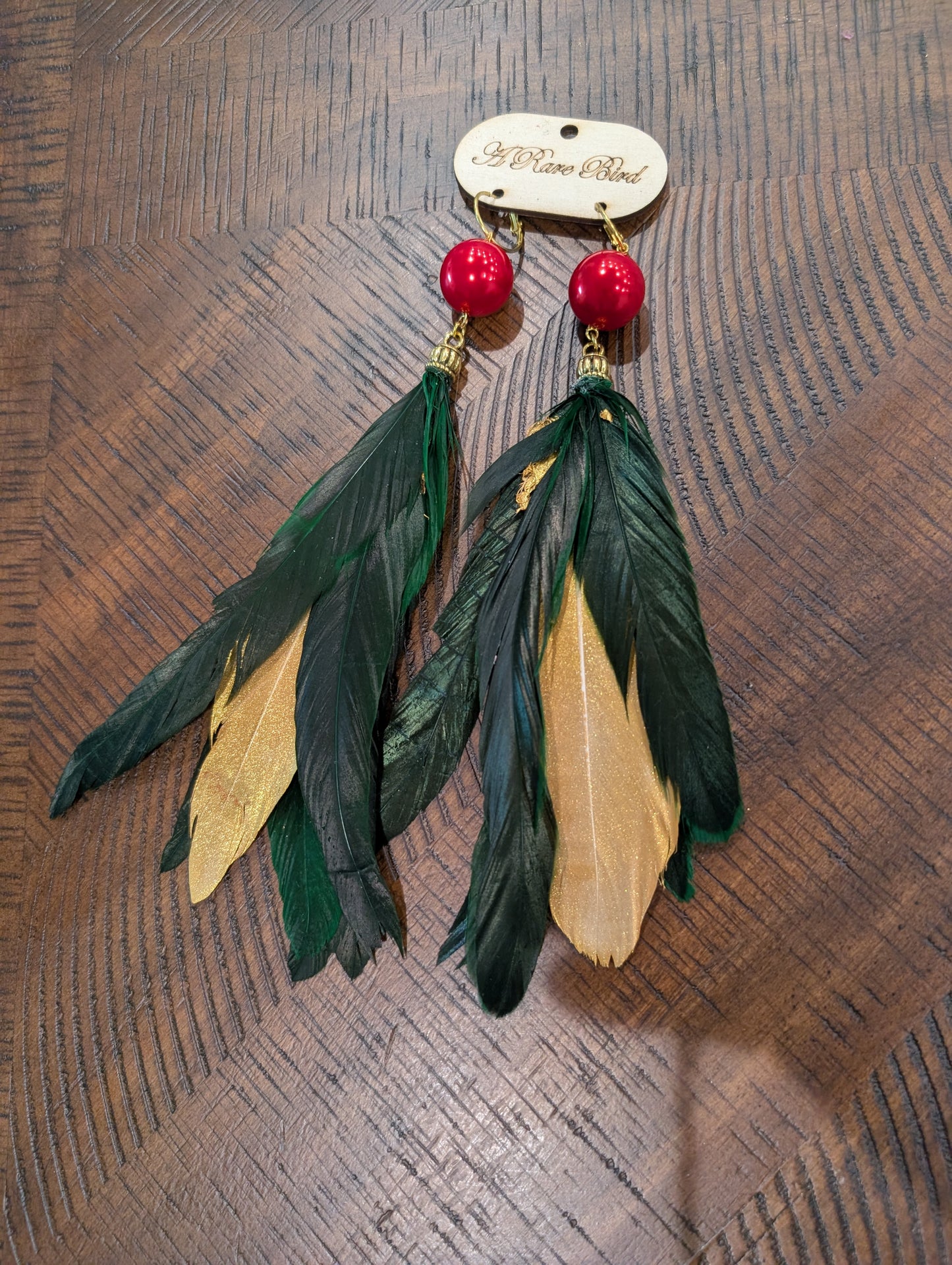 A Rare Bird Emerald & Gold Natural Feather Earrings