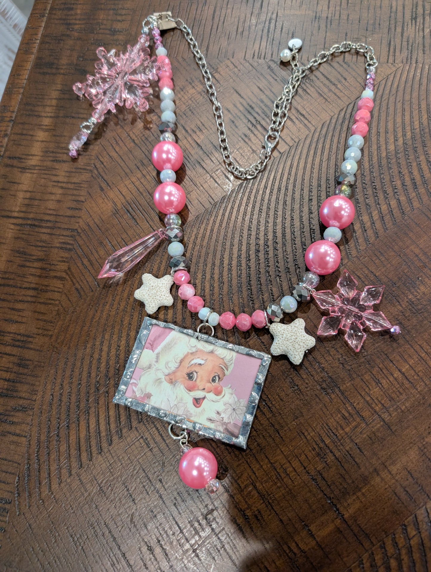 A Rare Bird Pink Santa Snowflake Beaded Necklace