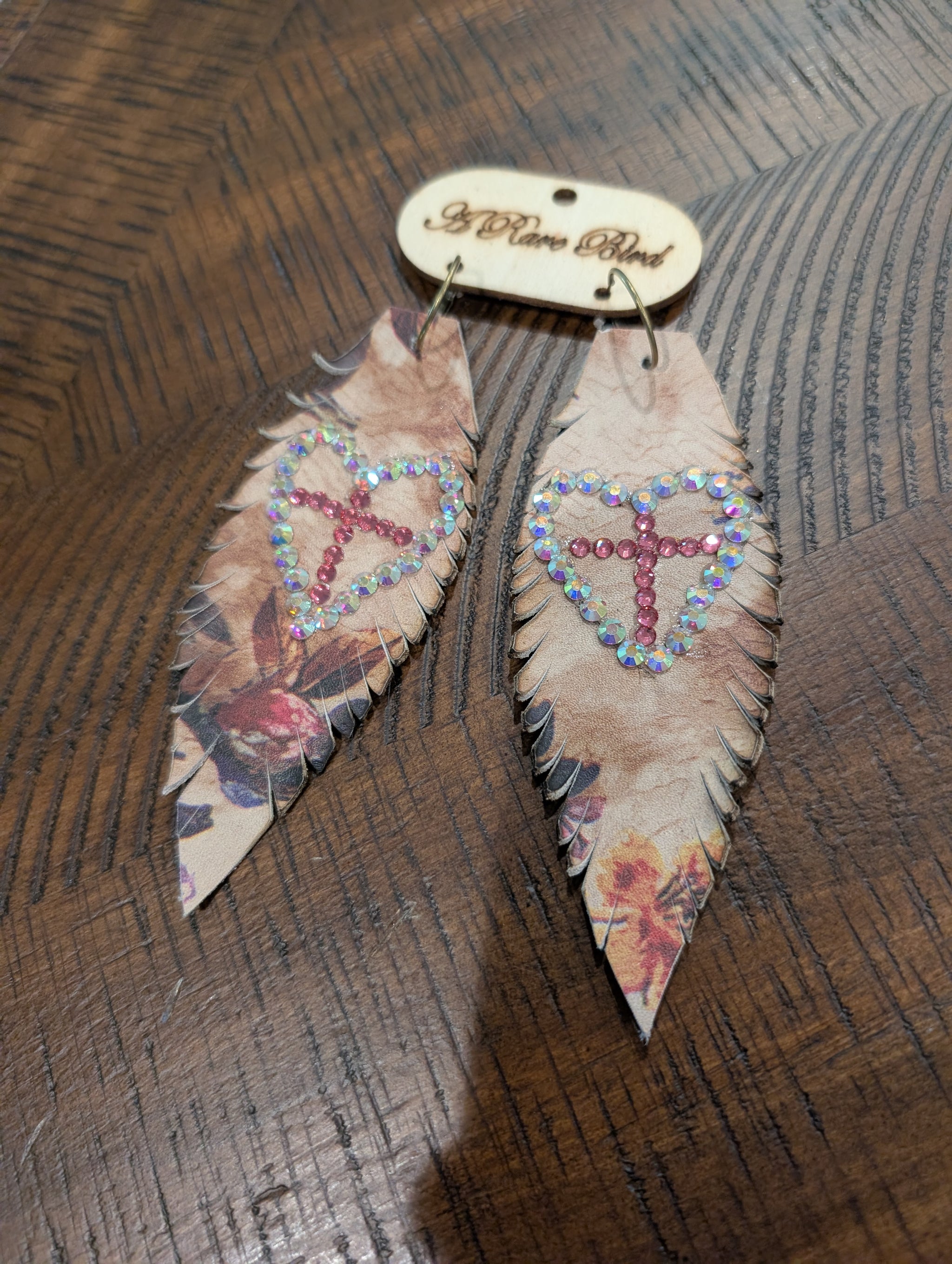 A Rare Bird Floral Print Crystal Heart Leather Feather Earrings