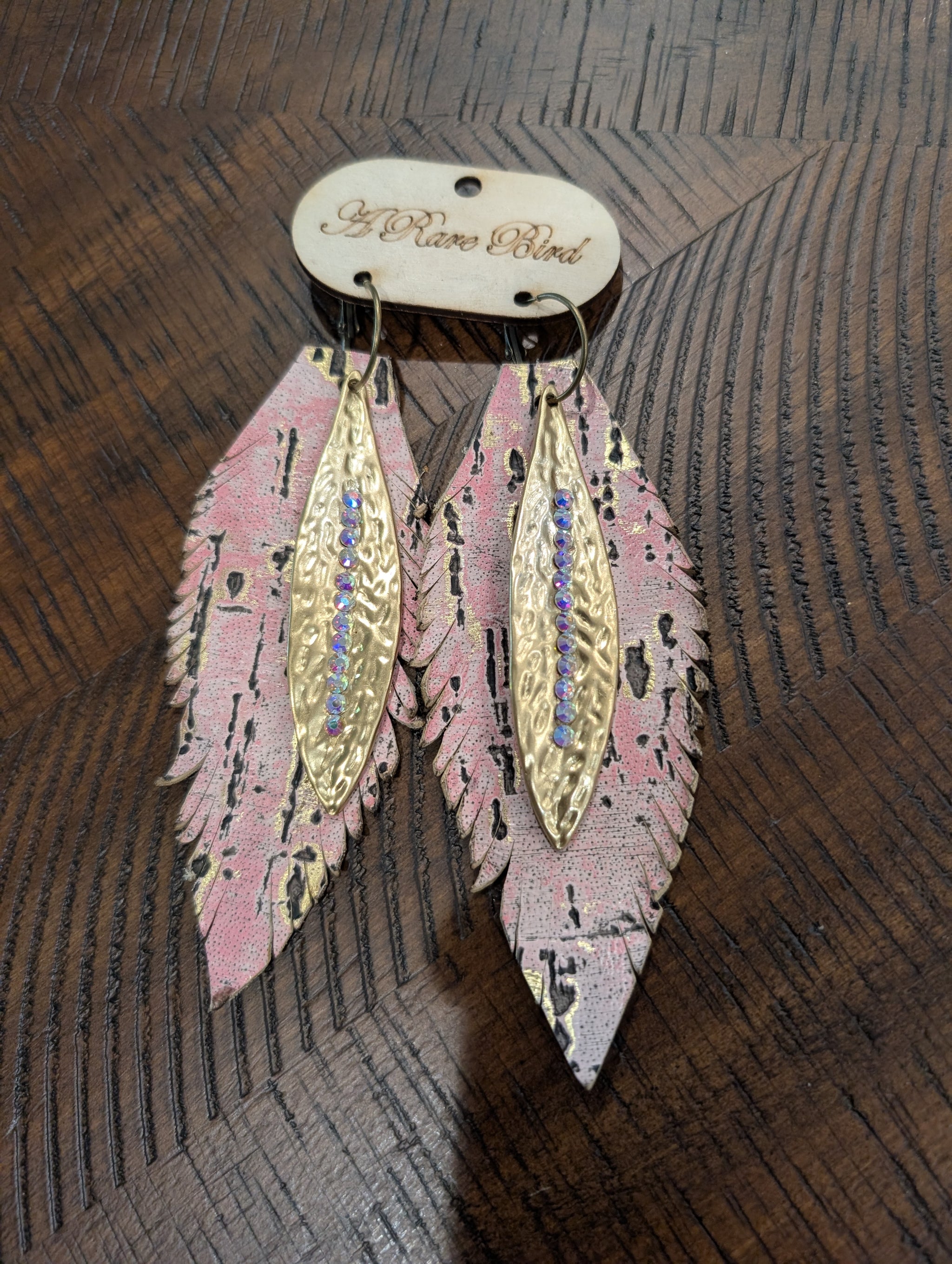 A Rare Bird Pink Splatter & Gold Crystal Layered Leather Feather Earrings