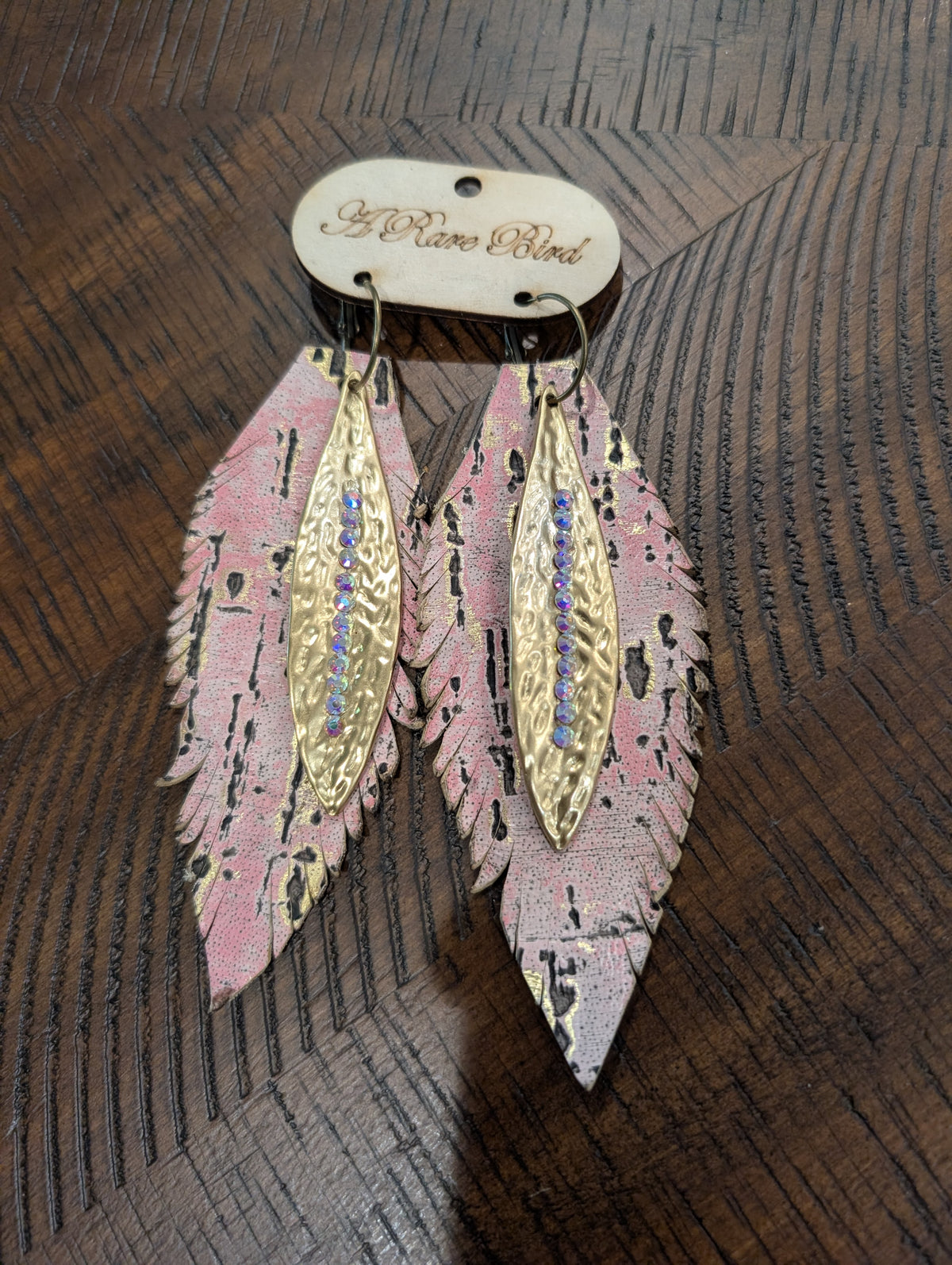 A Rare Bird Pink Splatter & Gold Crystal Layered Leather Feather Earrings