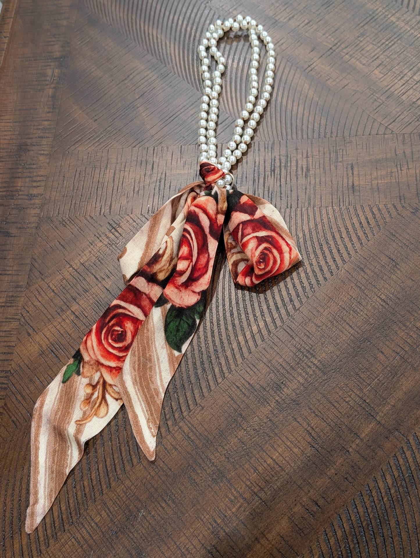 A Rare Bird Twilly Pearl Scarf Necklace - pearl strand with rose-print silk twilly