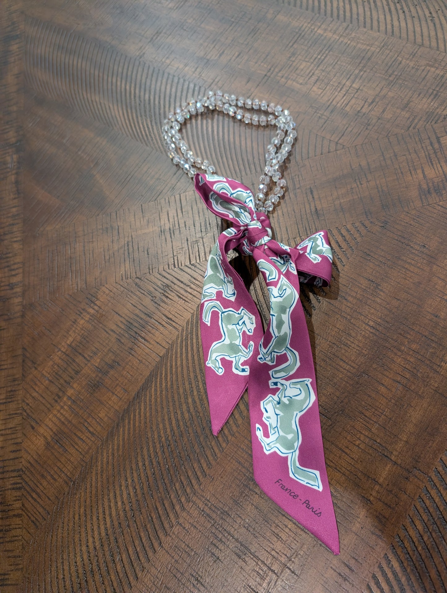 A Rare Bird Twilly Pearl Scarf Necklace - crystal beads with magenta horse-print silk twilly