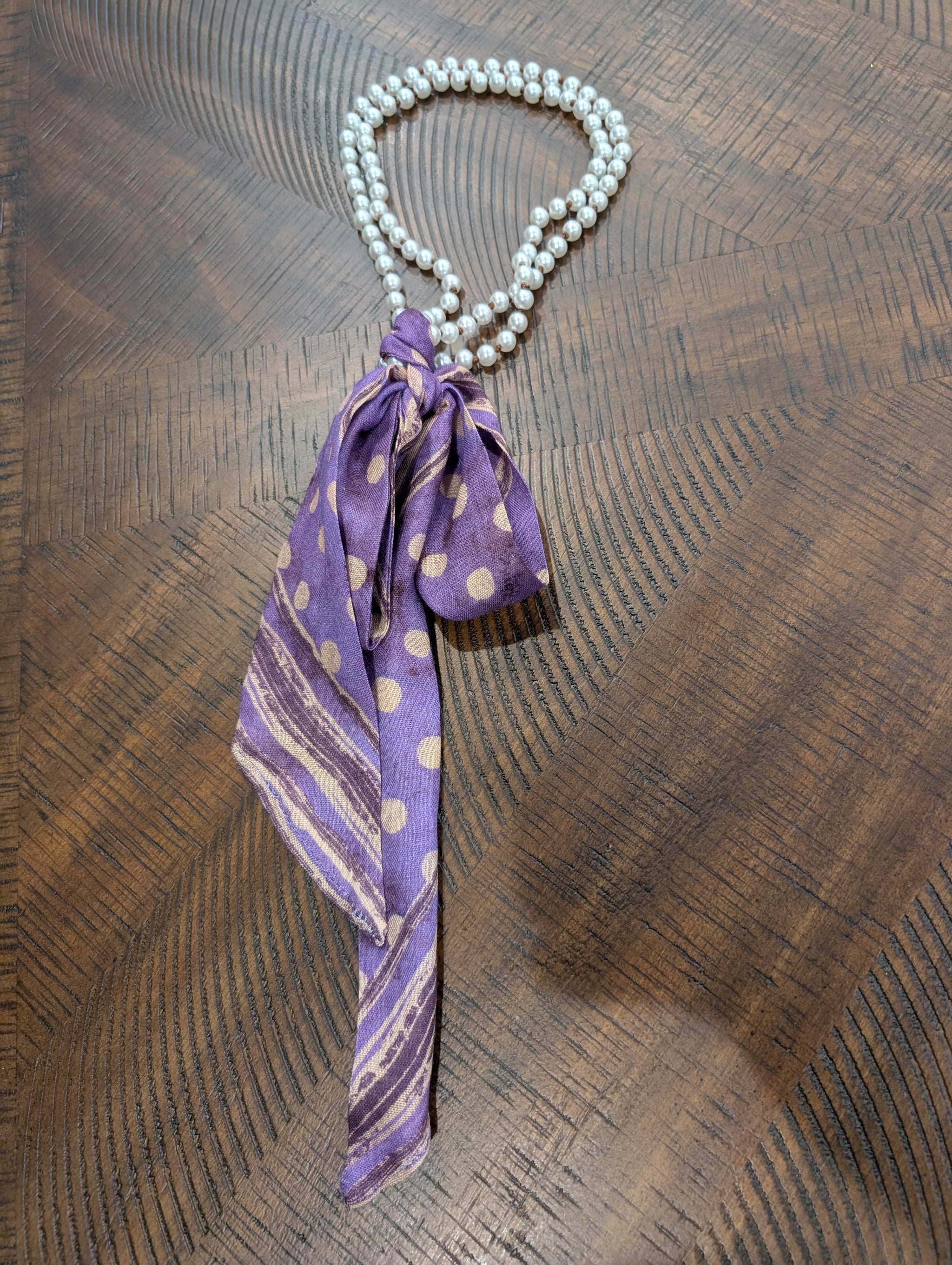 A Rare Bird Twilly Pearl Scarf Necklace - faux pearl strand with purple polka dot silk twilly
