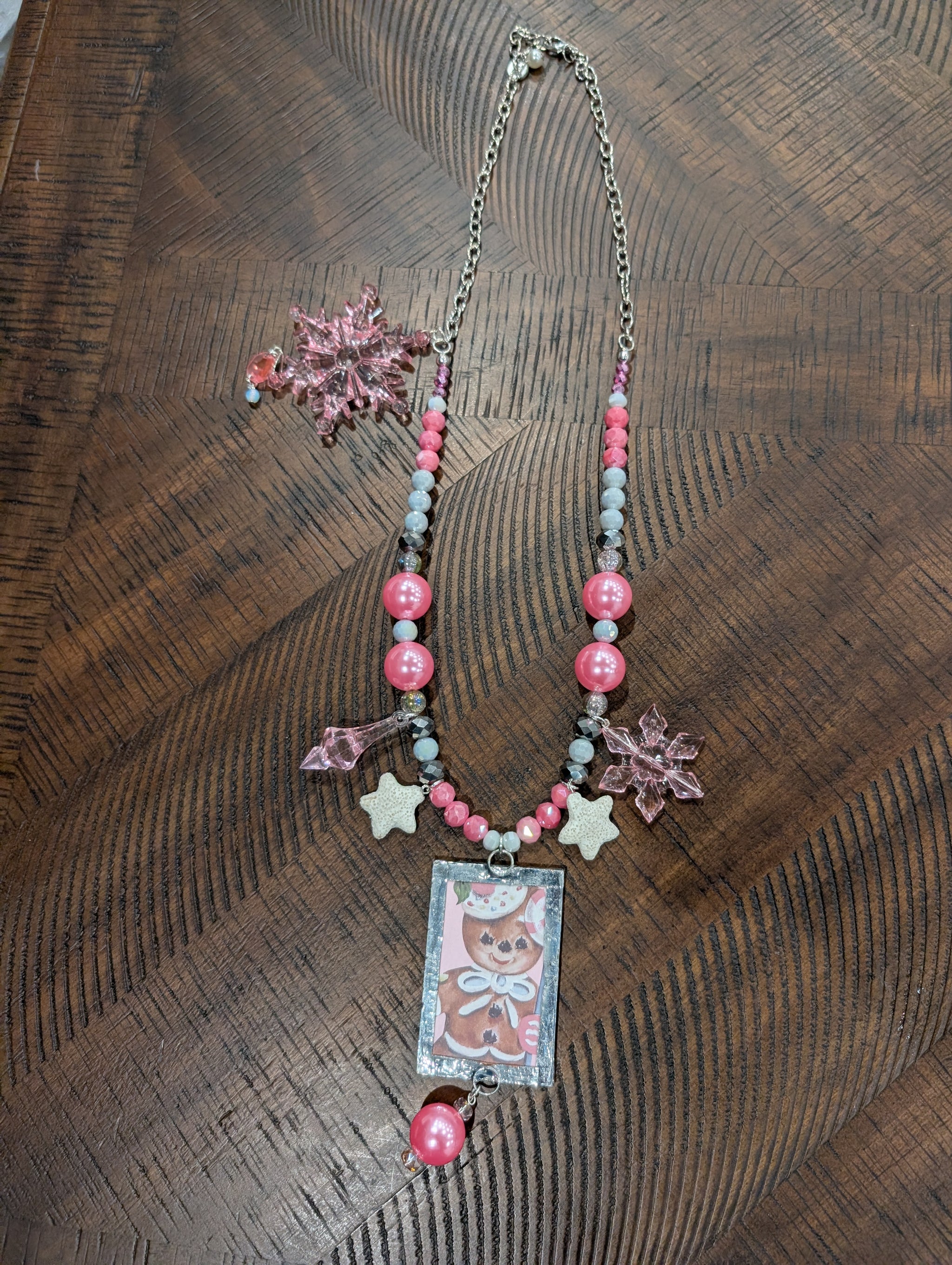 A Rare Bird Pink Gingerbear Christmas Charm Necklace - Style 2