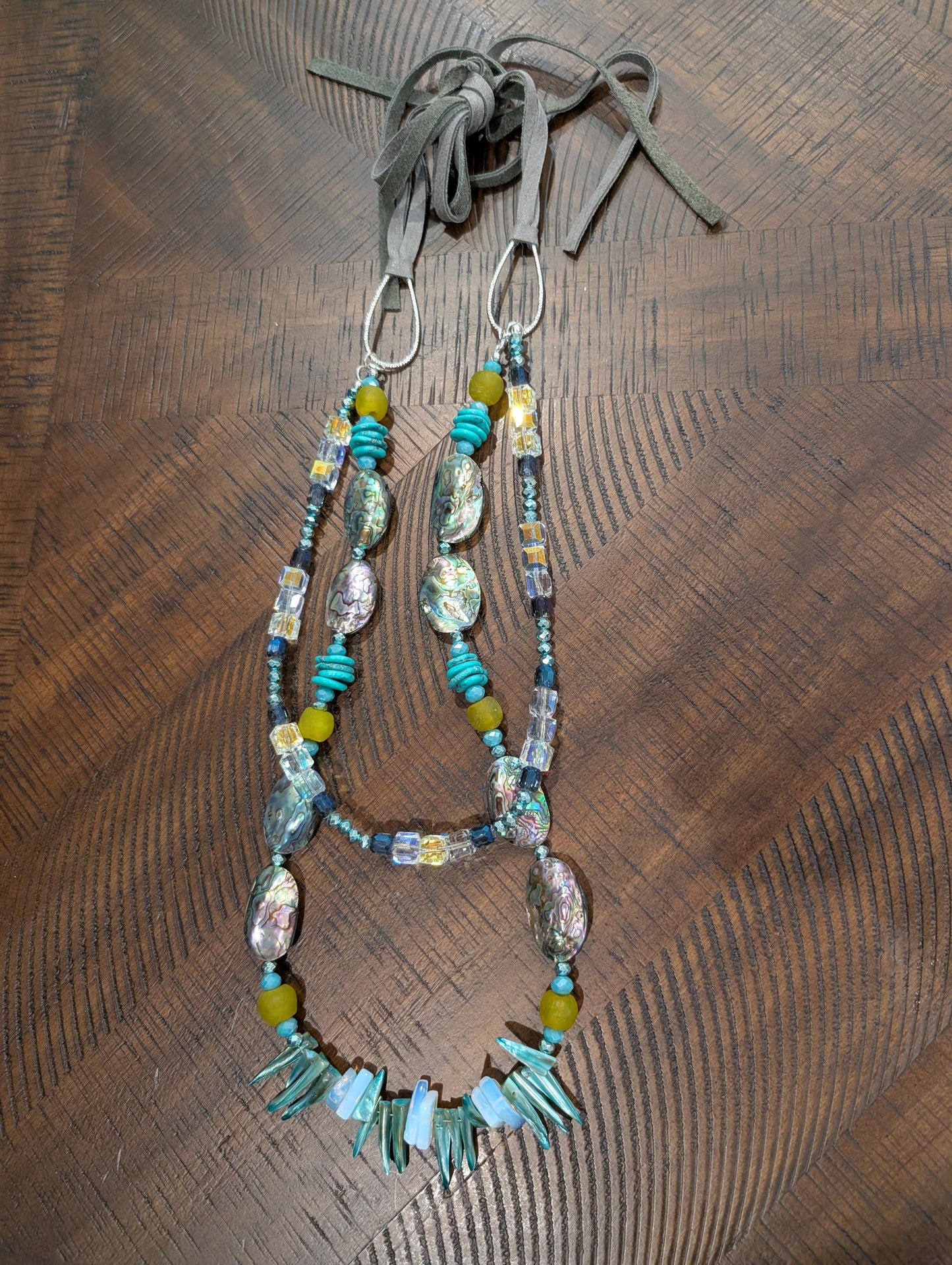 A Rare Bird Double Strand Abalone Turquoise Quartz Spike Necklace with suede tie closure