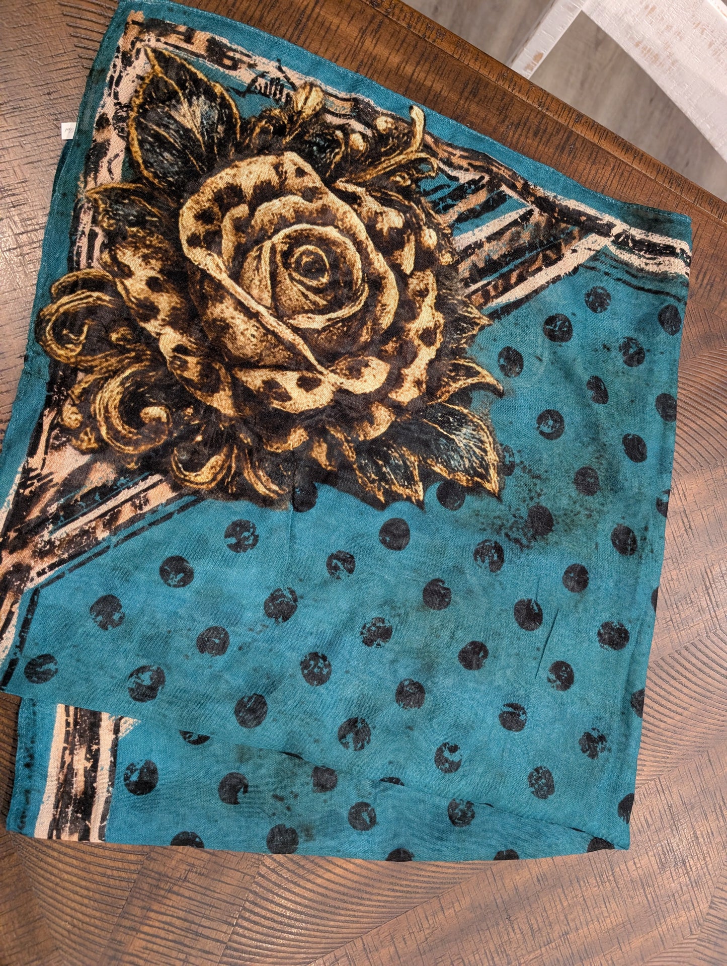 A Rare Bird Floral Rose Scarf in Teal Polka Dot