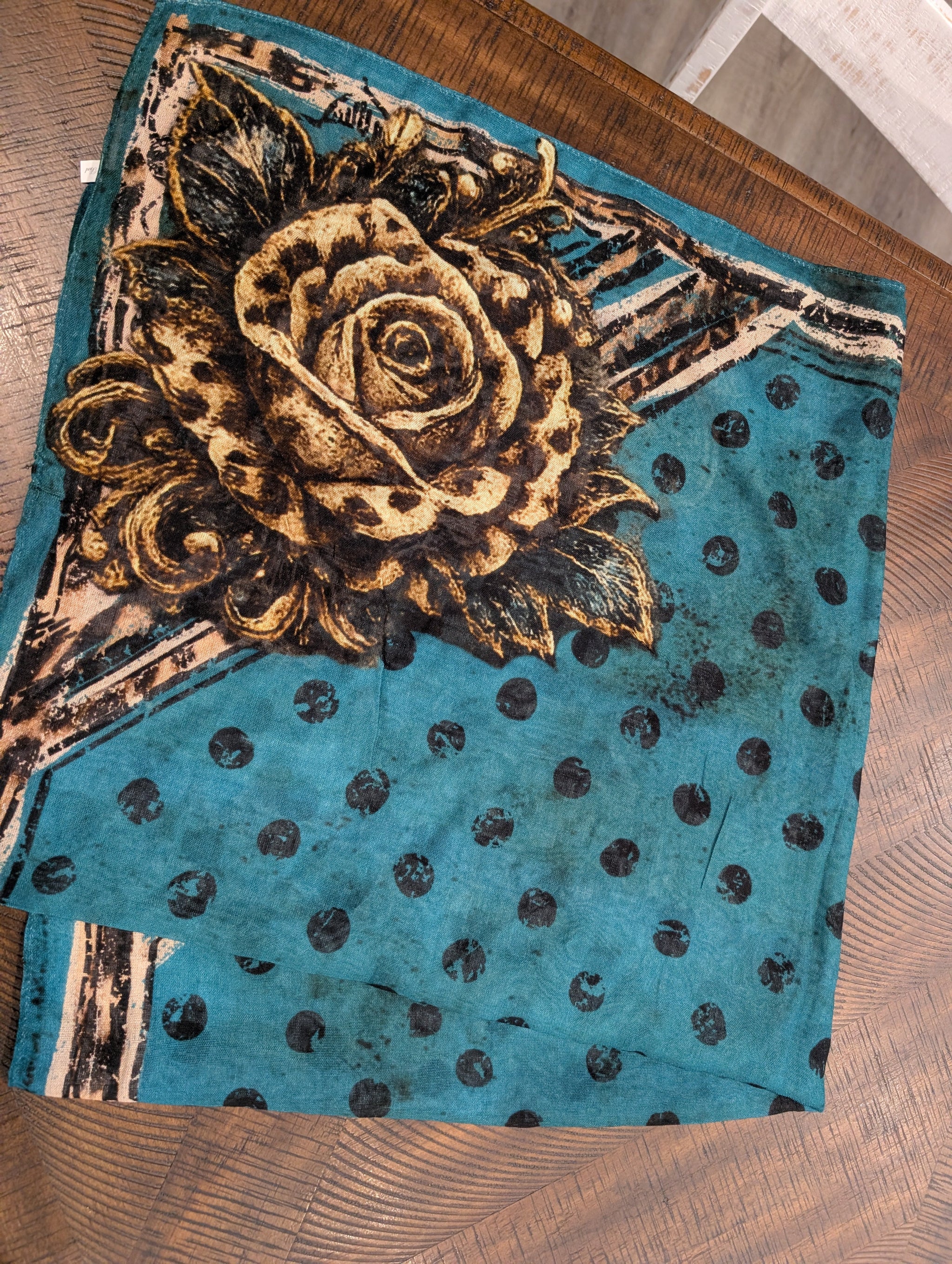 A Rare Bird Floral Rose Scarf in Teal Polka Dot
