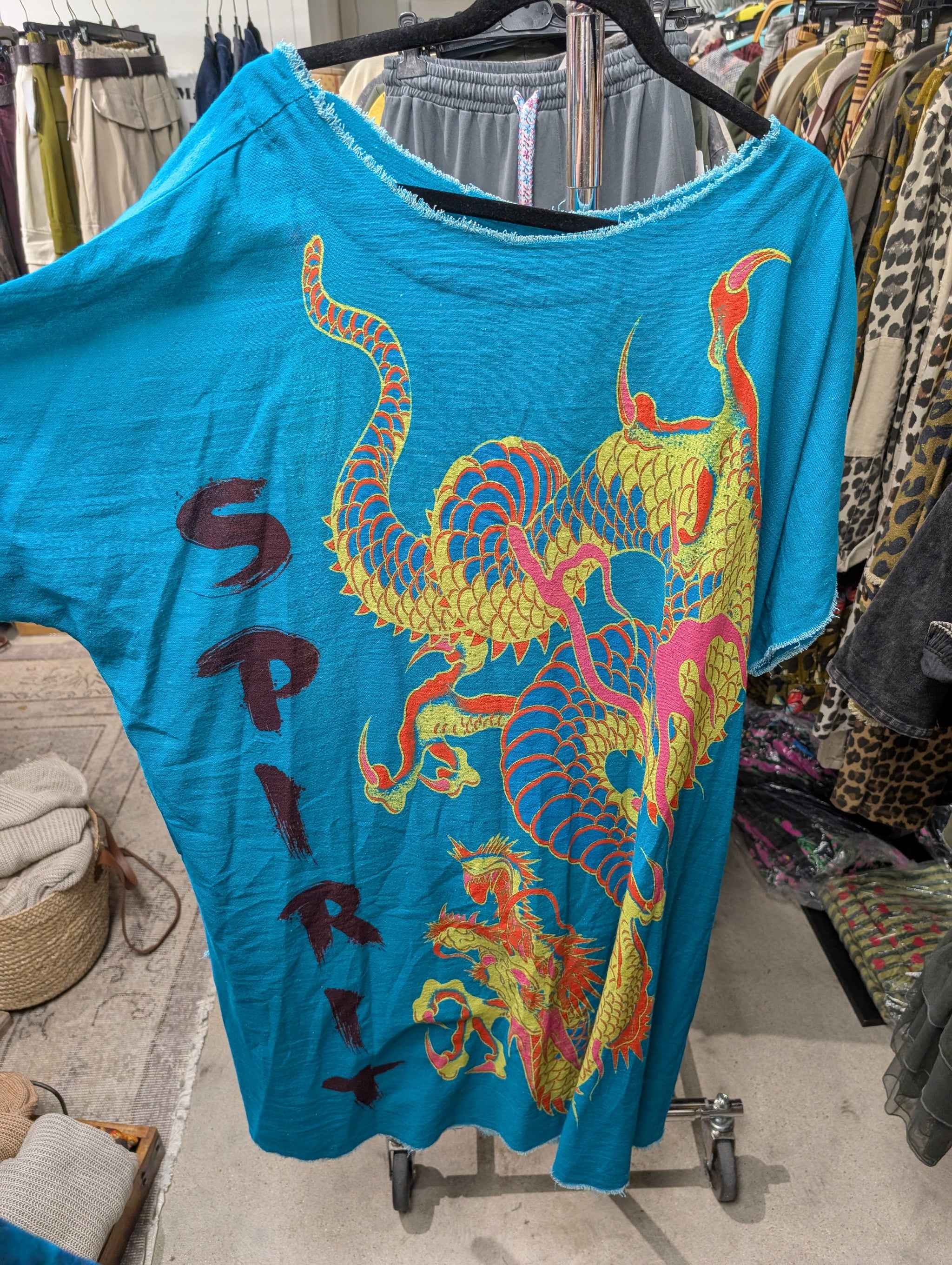 I Love Linen Spirit Dragon Graphic Top in Teal