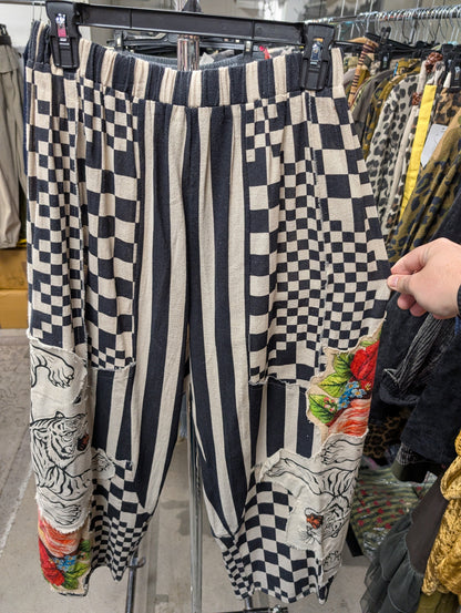 I Love Linen Checker Patchwork Wide Leg Pants - Front
