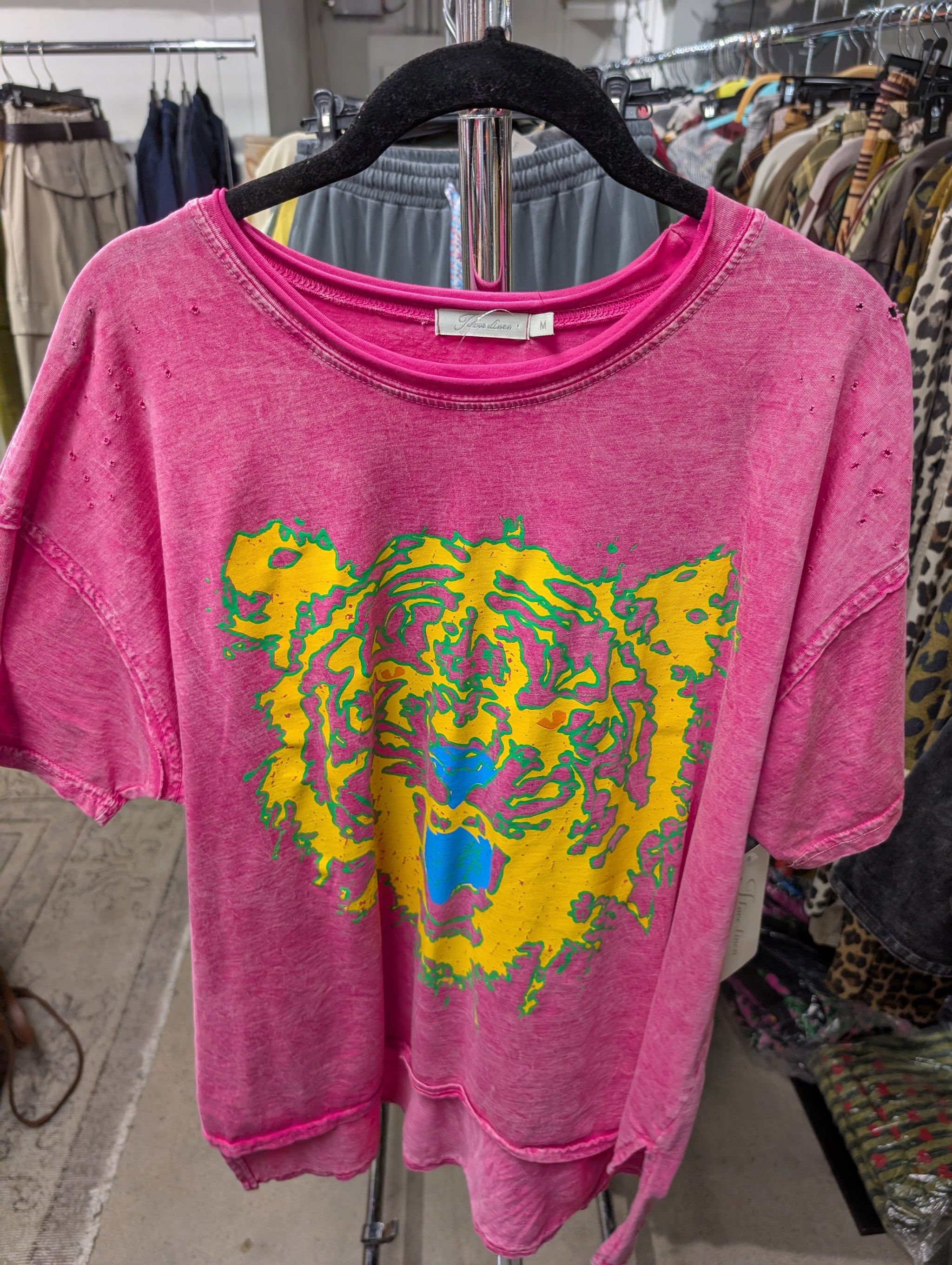 I Love Linen Neon Tiger Face Graphic Tee in Citron Yellow