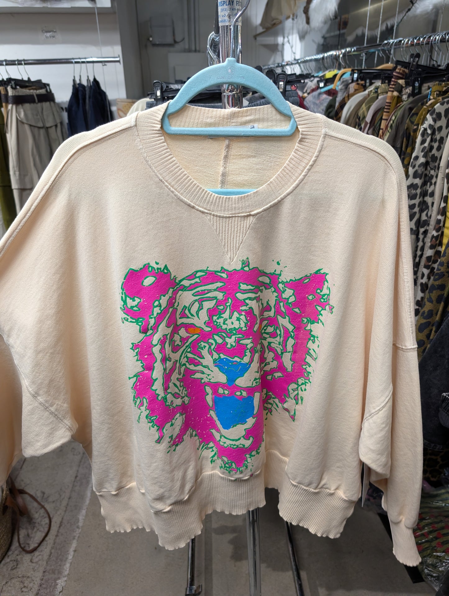 I Love Linen Neon Tiger Face Crop Sweatshirt in Cream