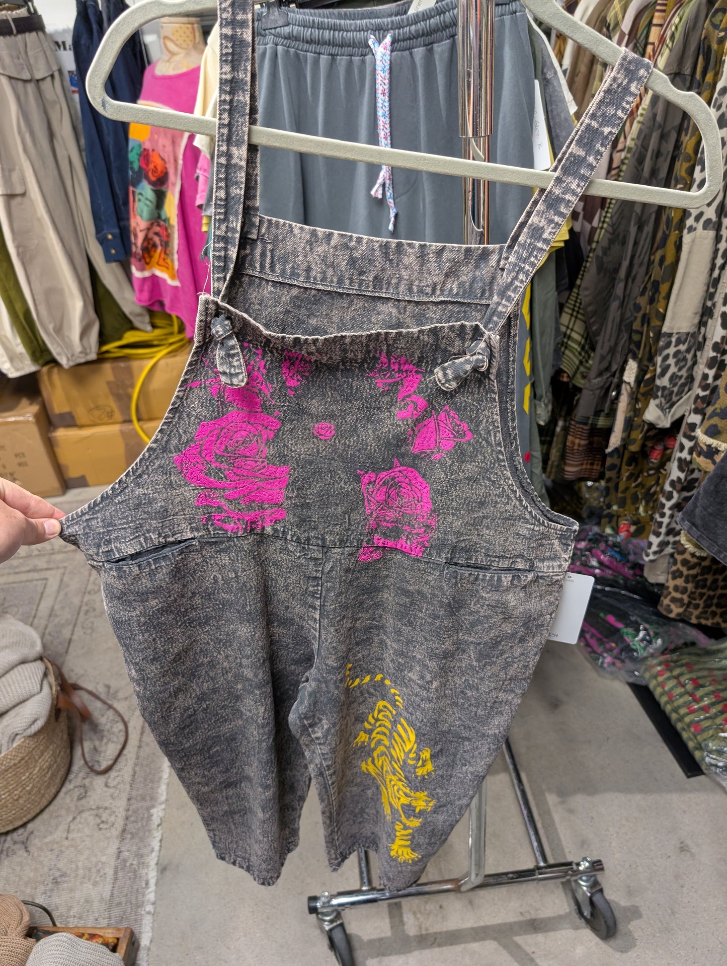 I Love Linen Tiger Rose Graphic Denim Overalls in Washed Charcoal