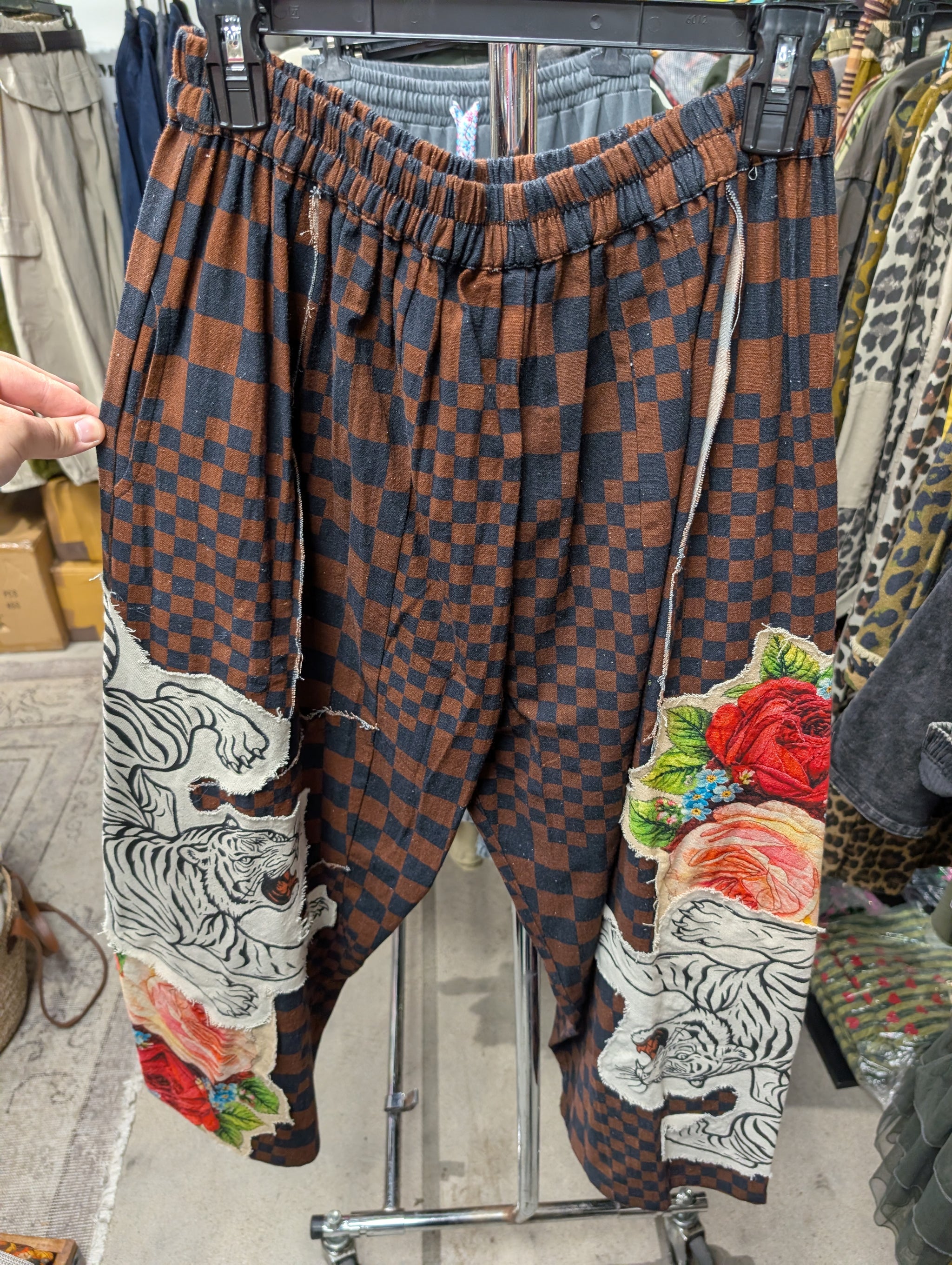 I Love Linen Tiger Rose Checker Patchwork Pants in Brown and Navy