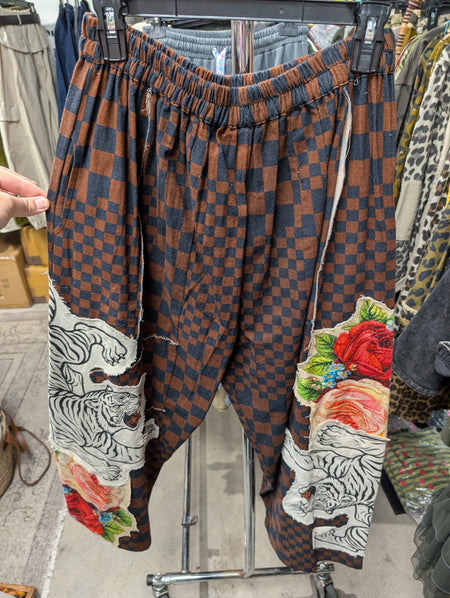 I Love Linen Tiger Rose Checker Patchwork Pants in Brown and Navy