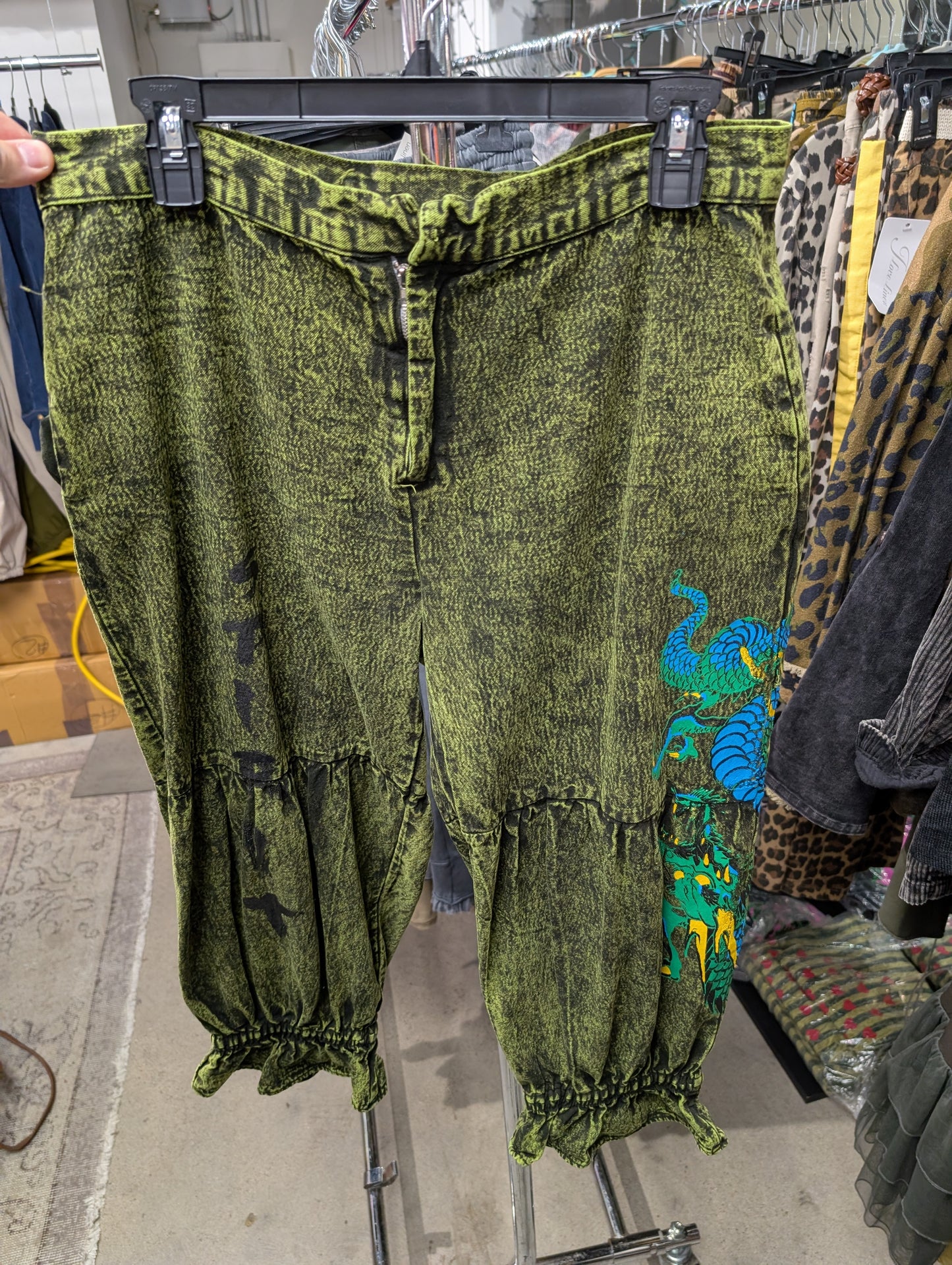 I Love Linen Spirit Dragon Acid Wash Harem Pants in Olive Green