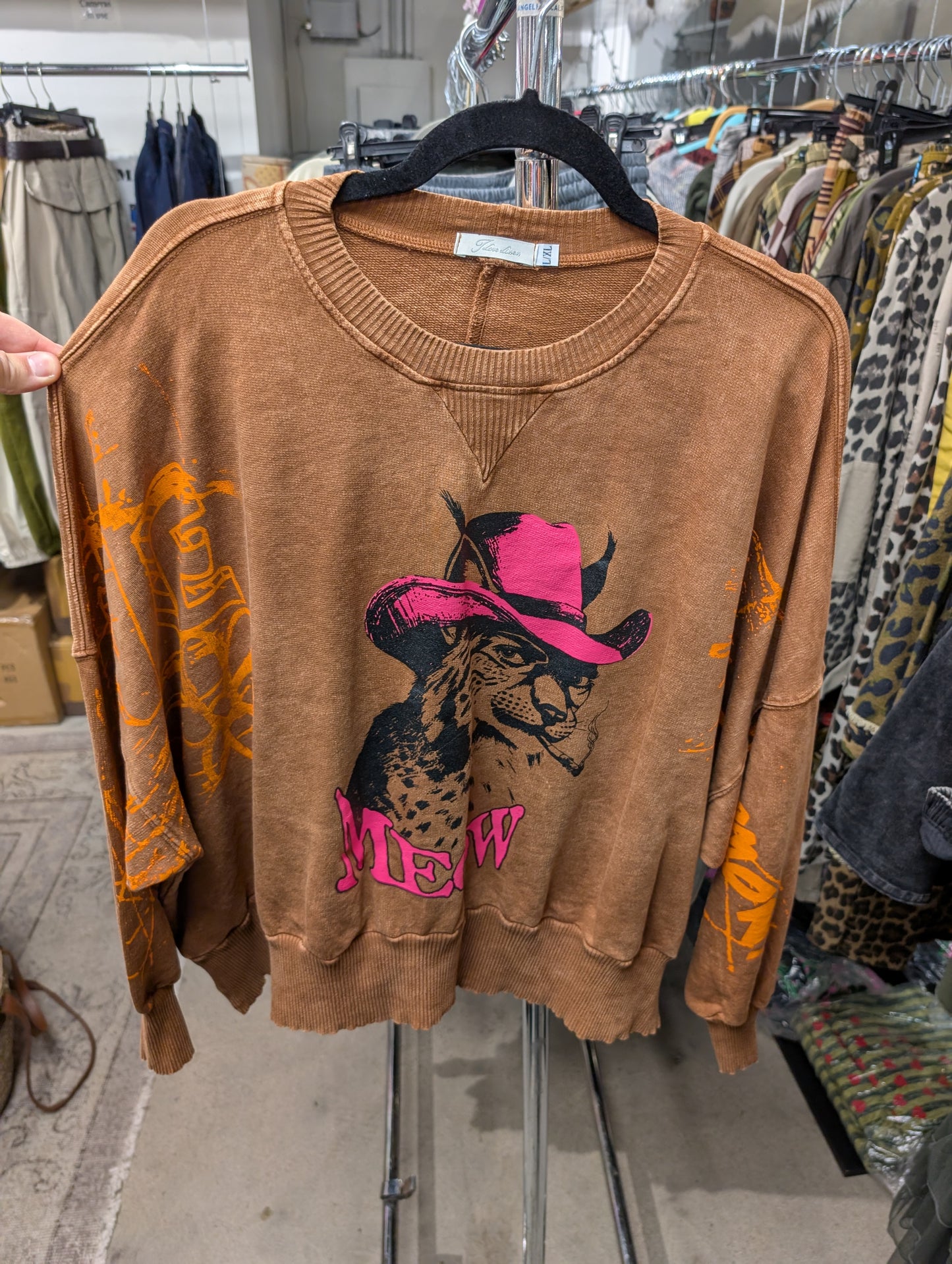 I Love Linen Meow Cowboy Cat Graphic Sweatshirt in Camel