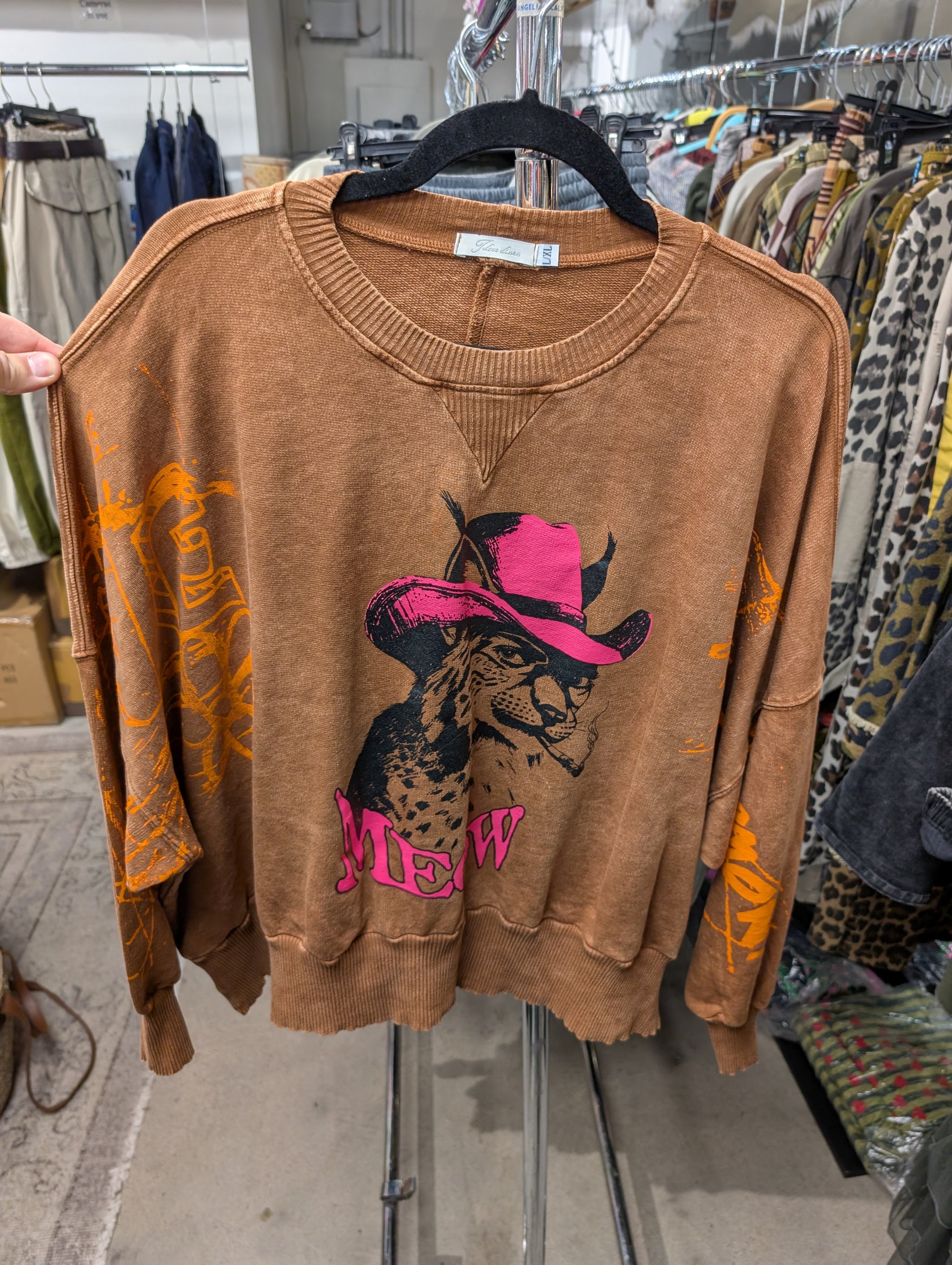 I Love Linen Meow Cowboy Cat Graphic Sweatshirt in Camel