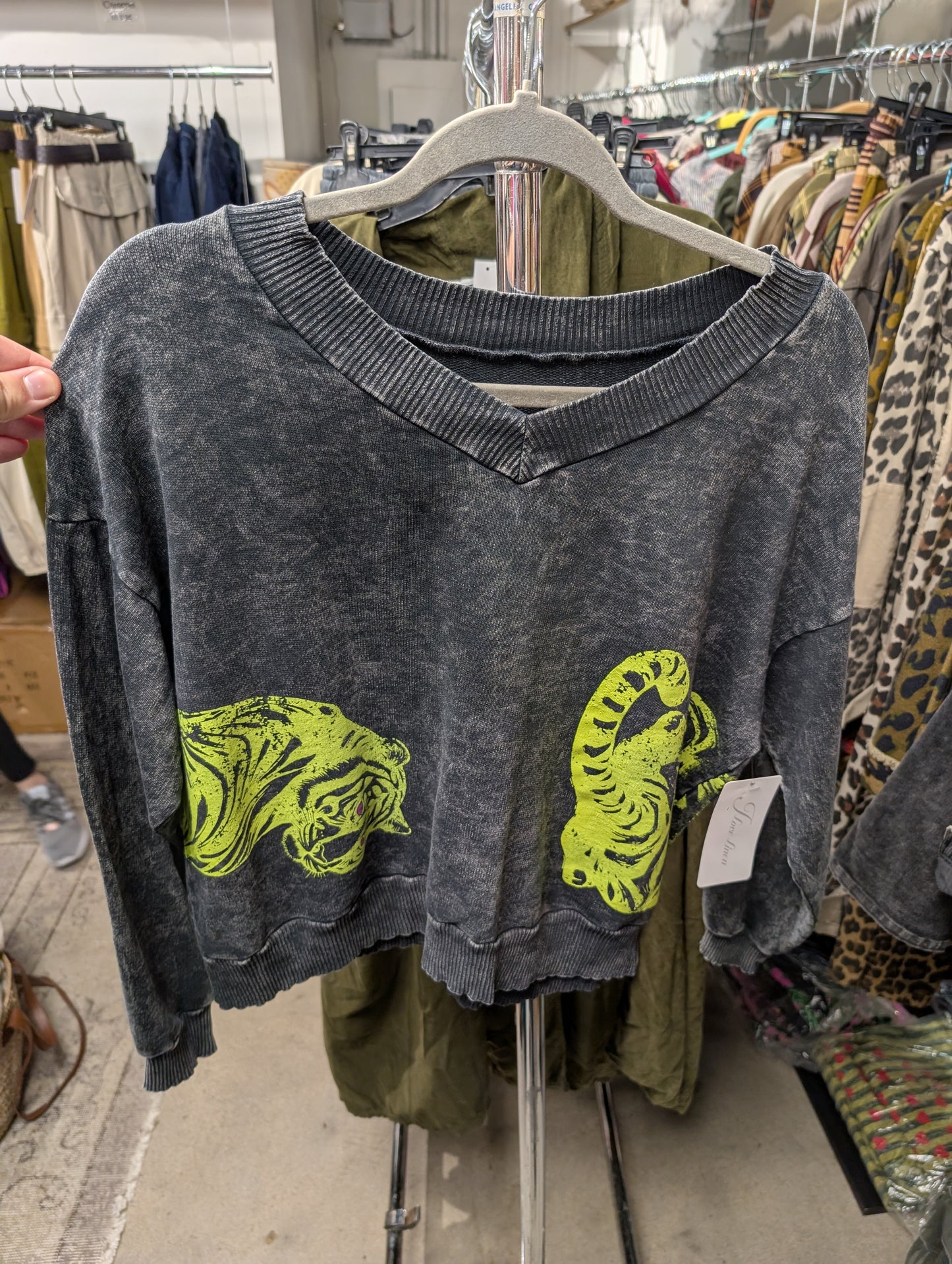 I Love Linen Neon Double Tiger Crop Sweatshirt in Charcoal