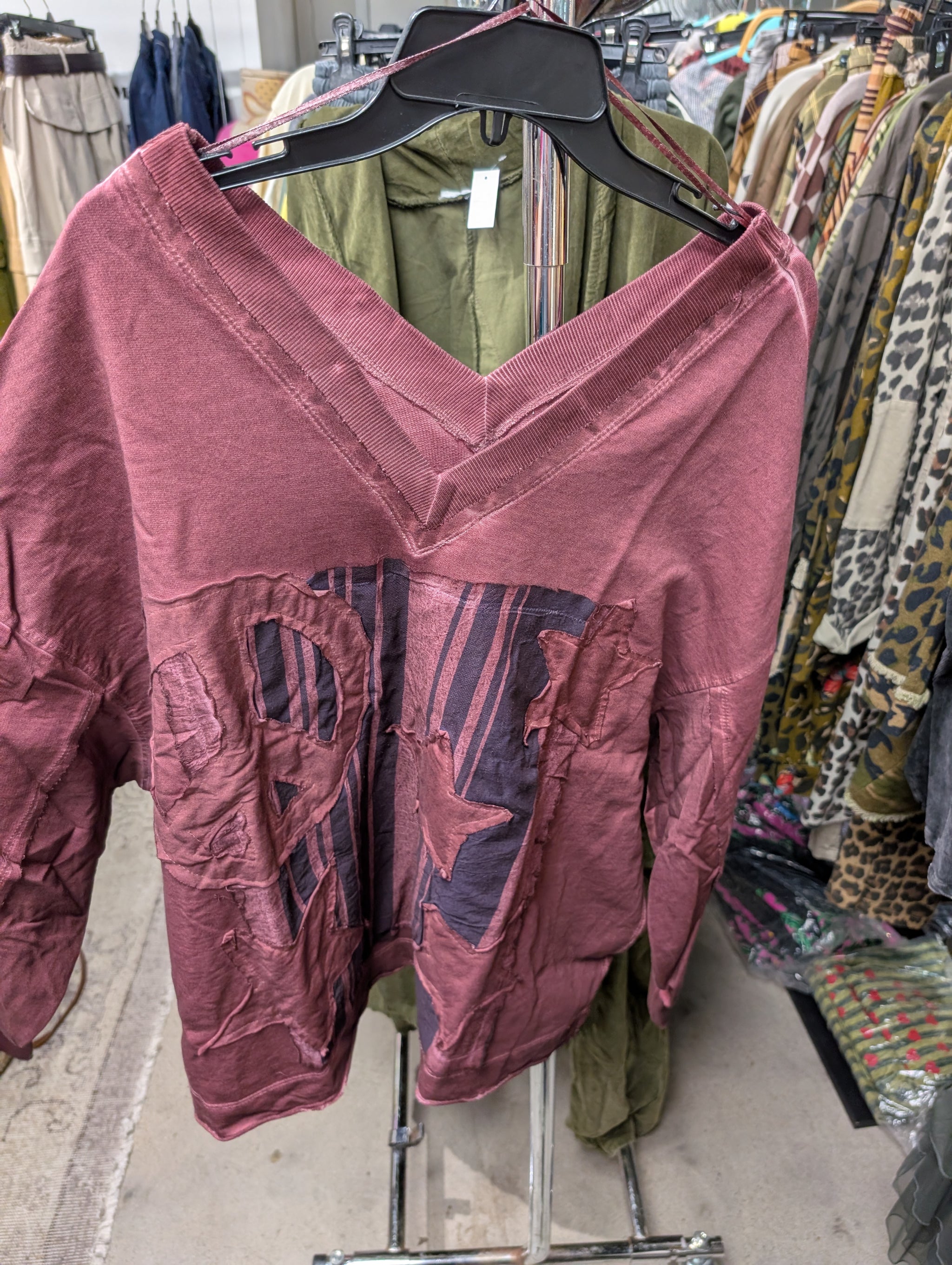 I Love Linen Army Star Patchwork Sweatshirt in Dusty Rose