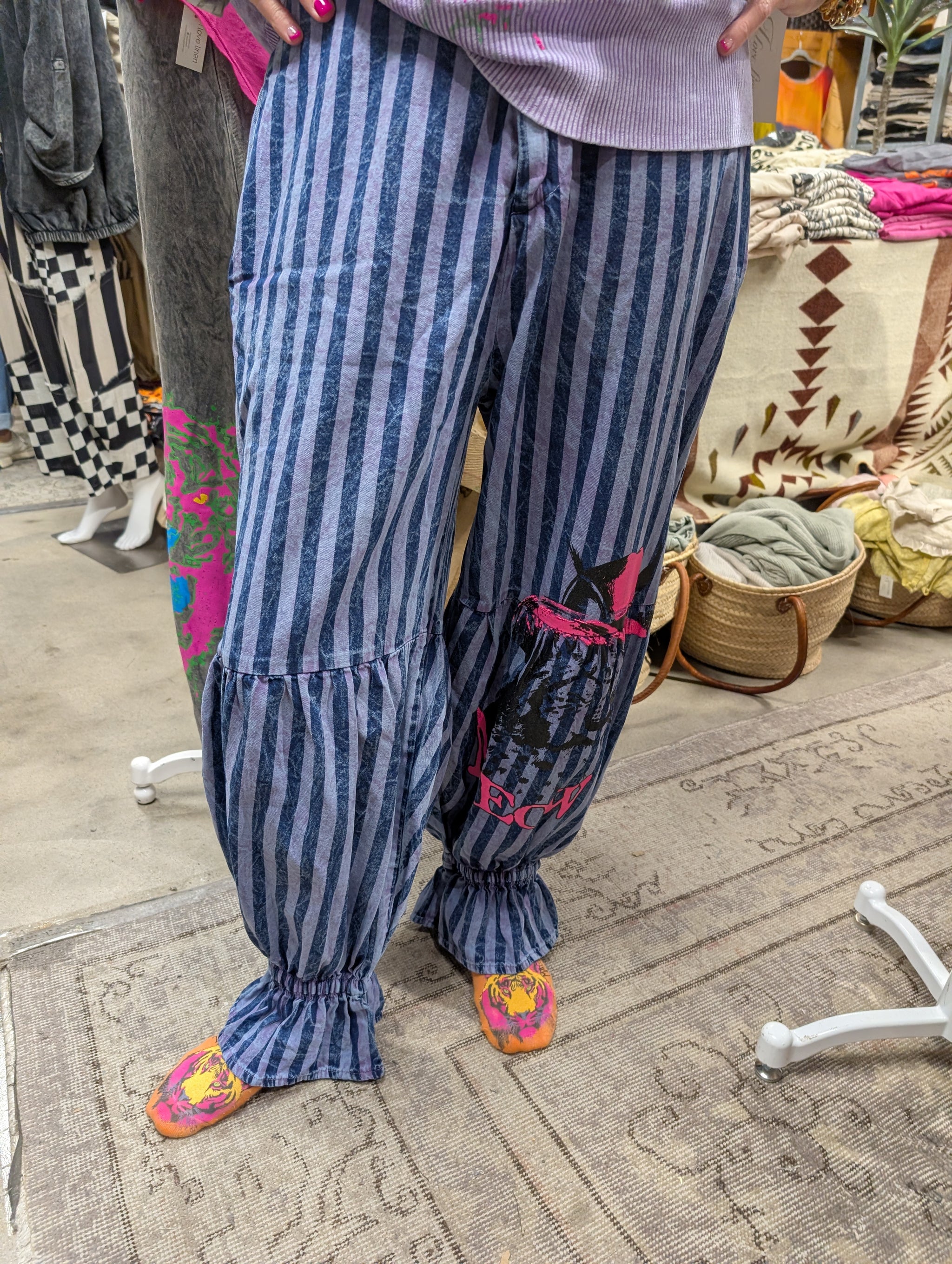 I Love Linen Stripe Graphic Harem Pants in Navy Blue