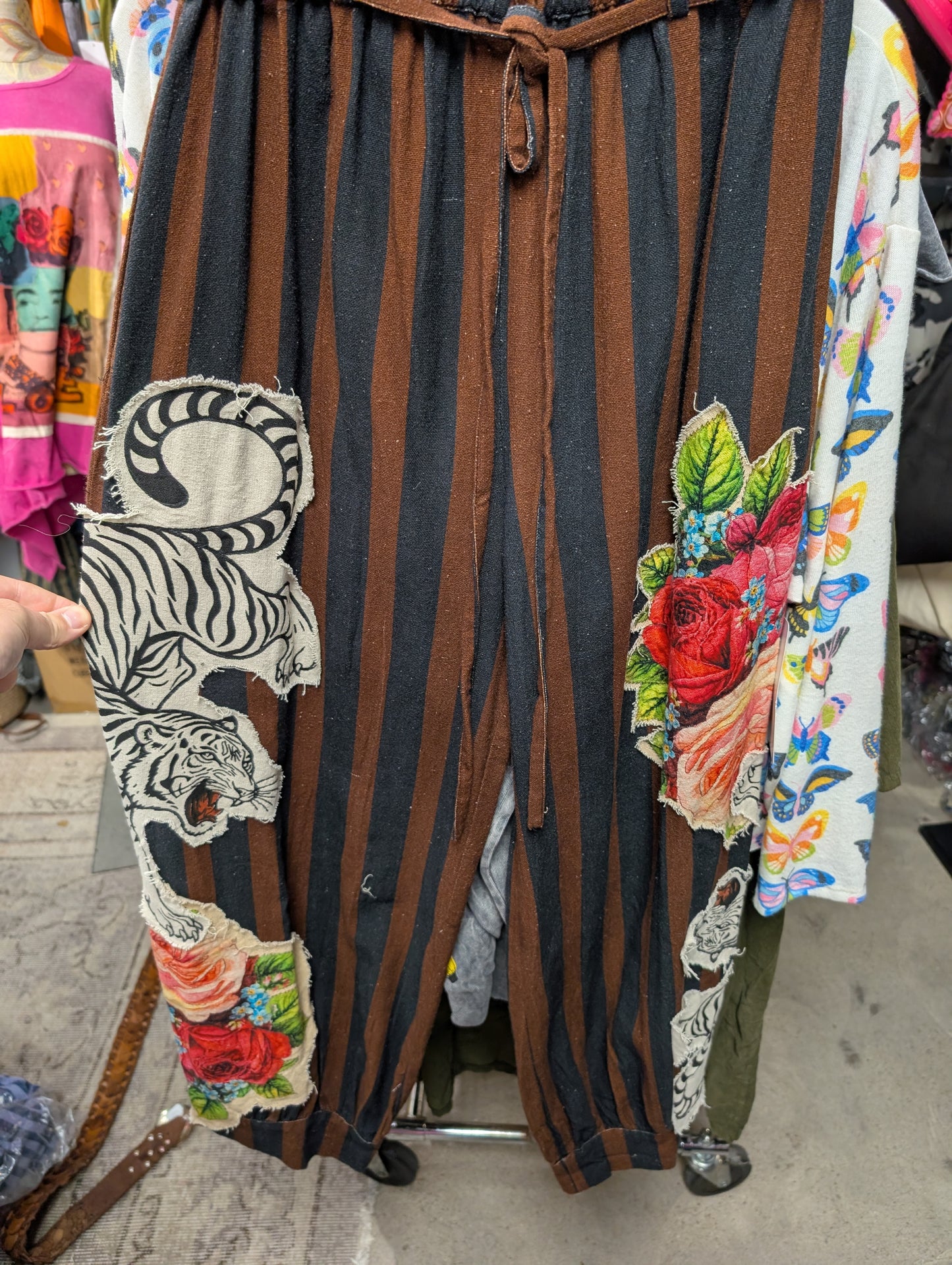 I Love Linen Tiger Rose Appliqué Stripe Wide Leg Pants in Brown Stripe