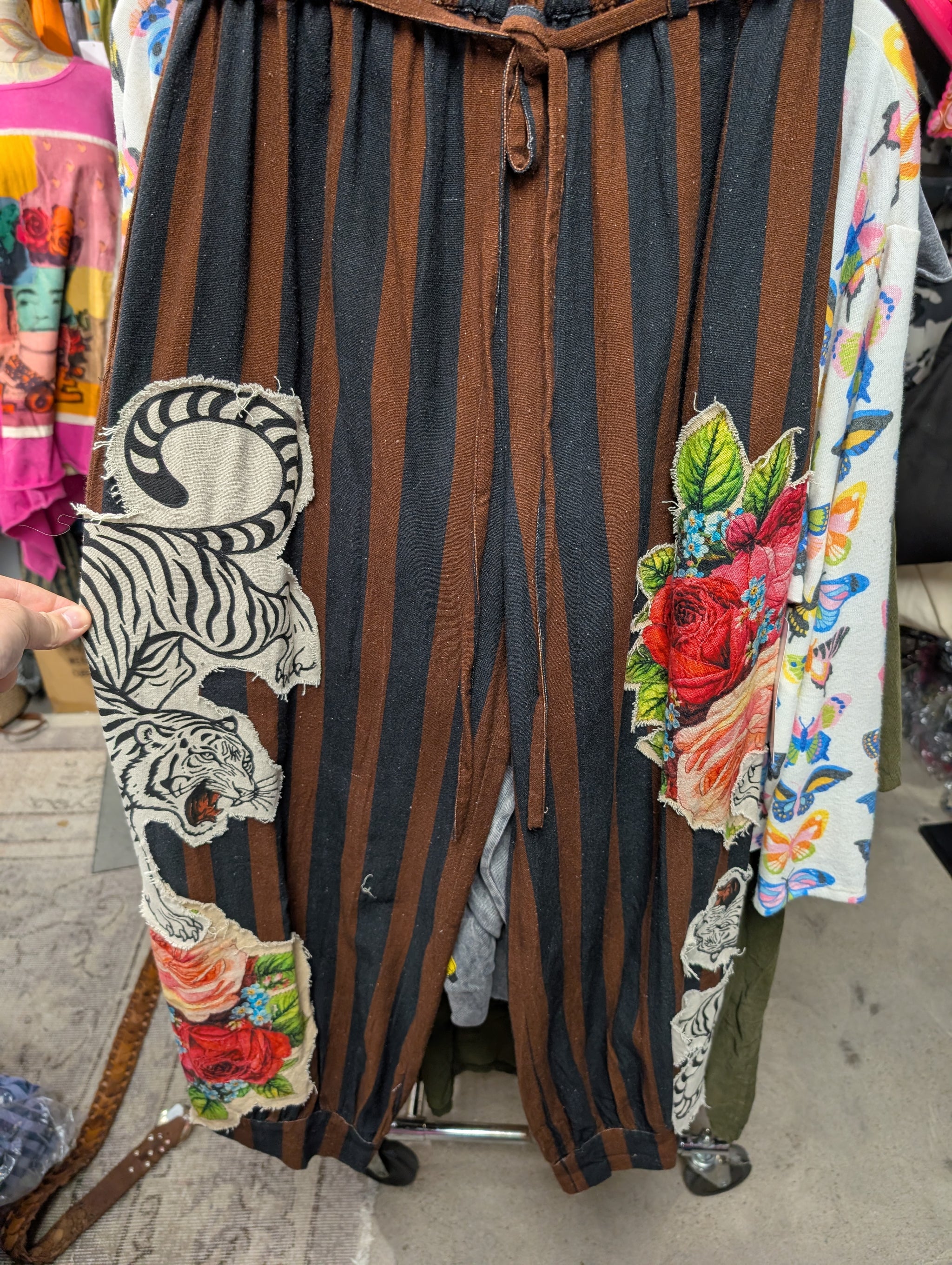 I Love Linen Tiger Rose Appliqué Stripe Wide Leg Pants in Brown Stripe