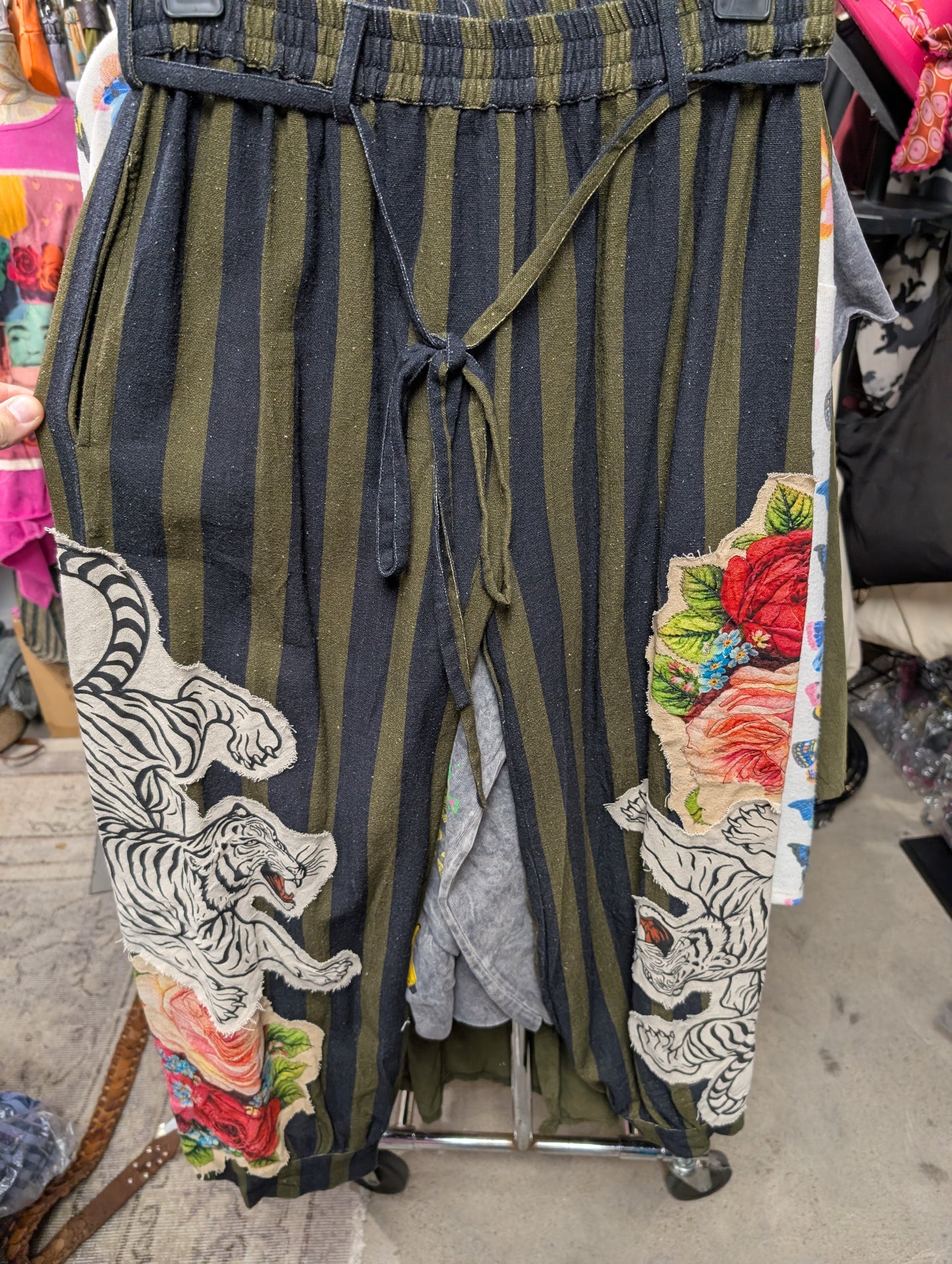 I Love Linen Tiger Rose Appliqué Stripe Wide Leg Pants in Olive Stripe