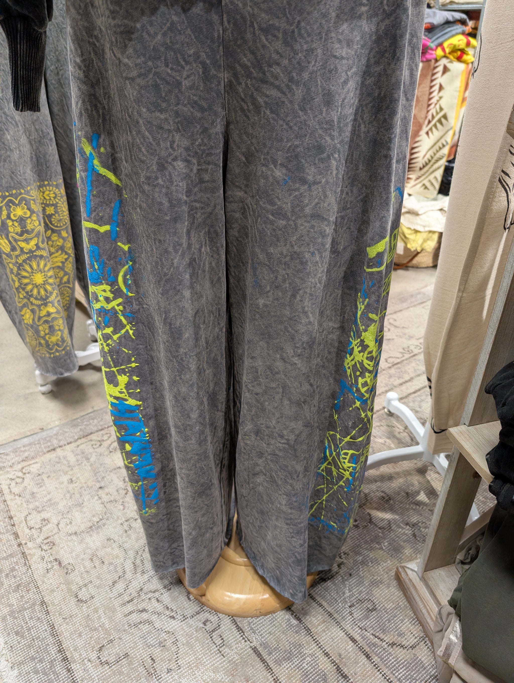 I Love Linen Neon Splatter Mineral Wash Wide Leg Pants in Charcoal