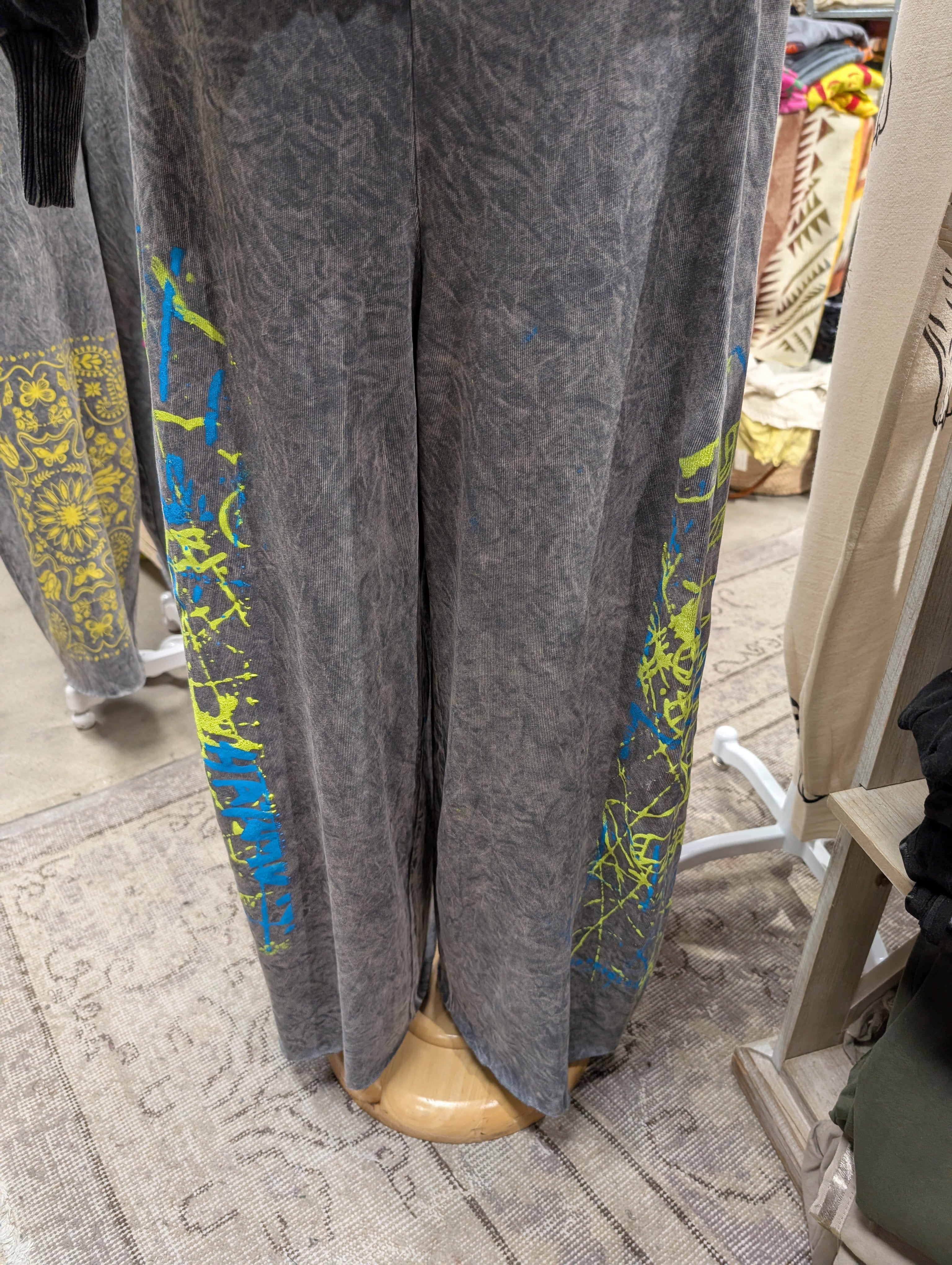 I Love Linen Neon Splatter Mineral Wash Wide Leg Pants in Charcoal