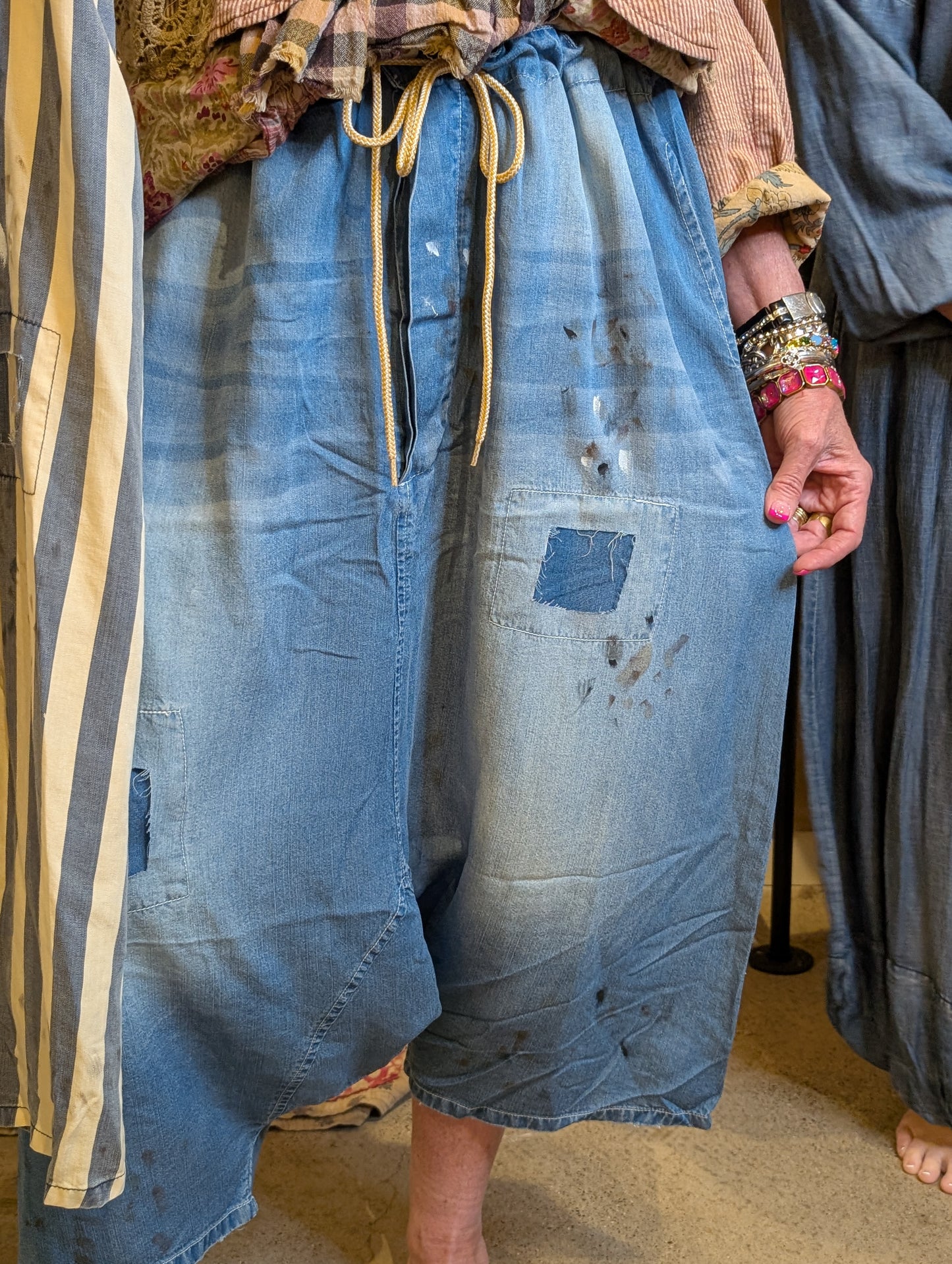 Jaded Gypsy Earthsong Harem Pants in distressed denim with patchwork detail and gold rope drawstring