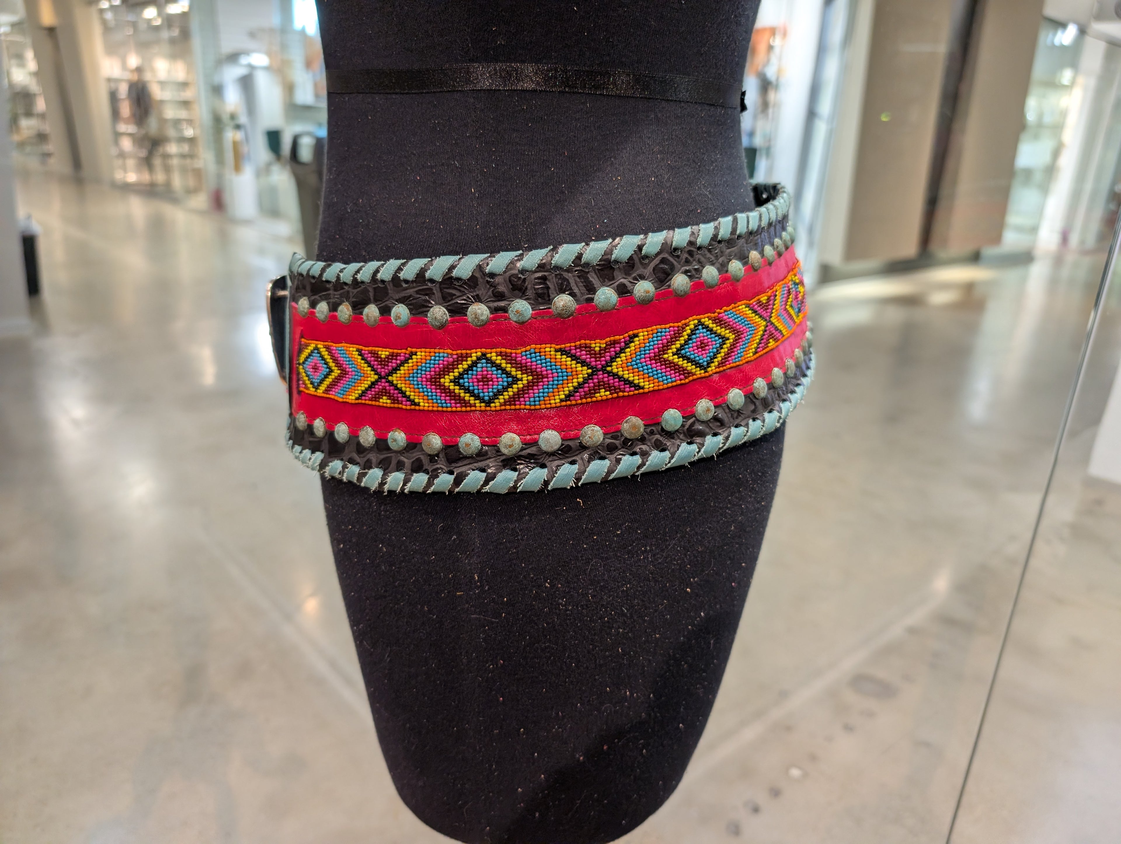 Kurtman Beaded Chief Leather Belt — back detail showing beaded panel and studs