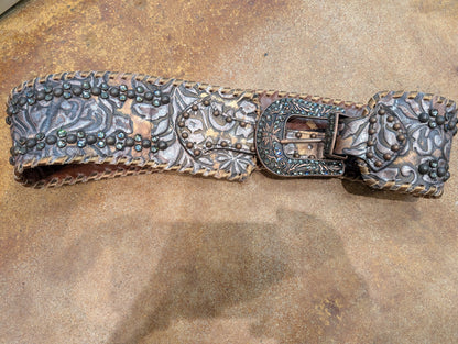 Kurtman Tooled Crystal Leather Belt — front view showing ornate buckle and crystal studs