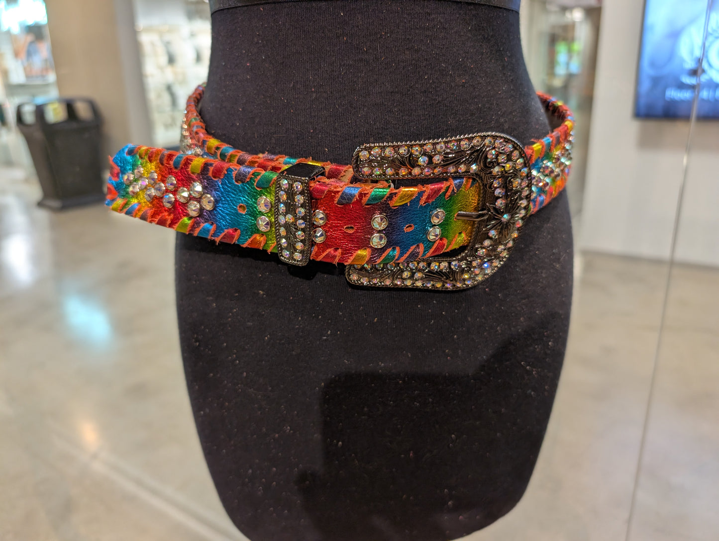 Kurtman Rainbow Crystal Leather Belt — close-up detail showing crystal studs and rainbow leather