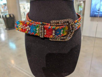 Kurtman Rainbow Crystal Leather Belt — close-up detail showing crystal studs and rainbow leather