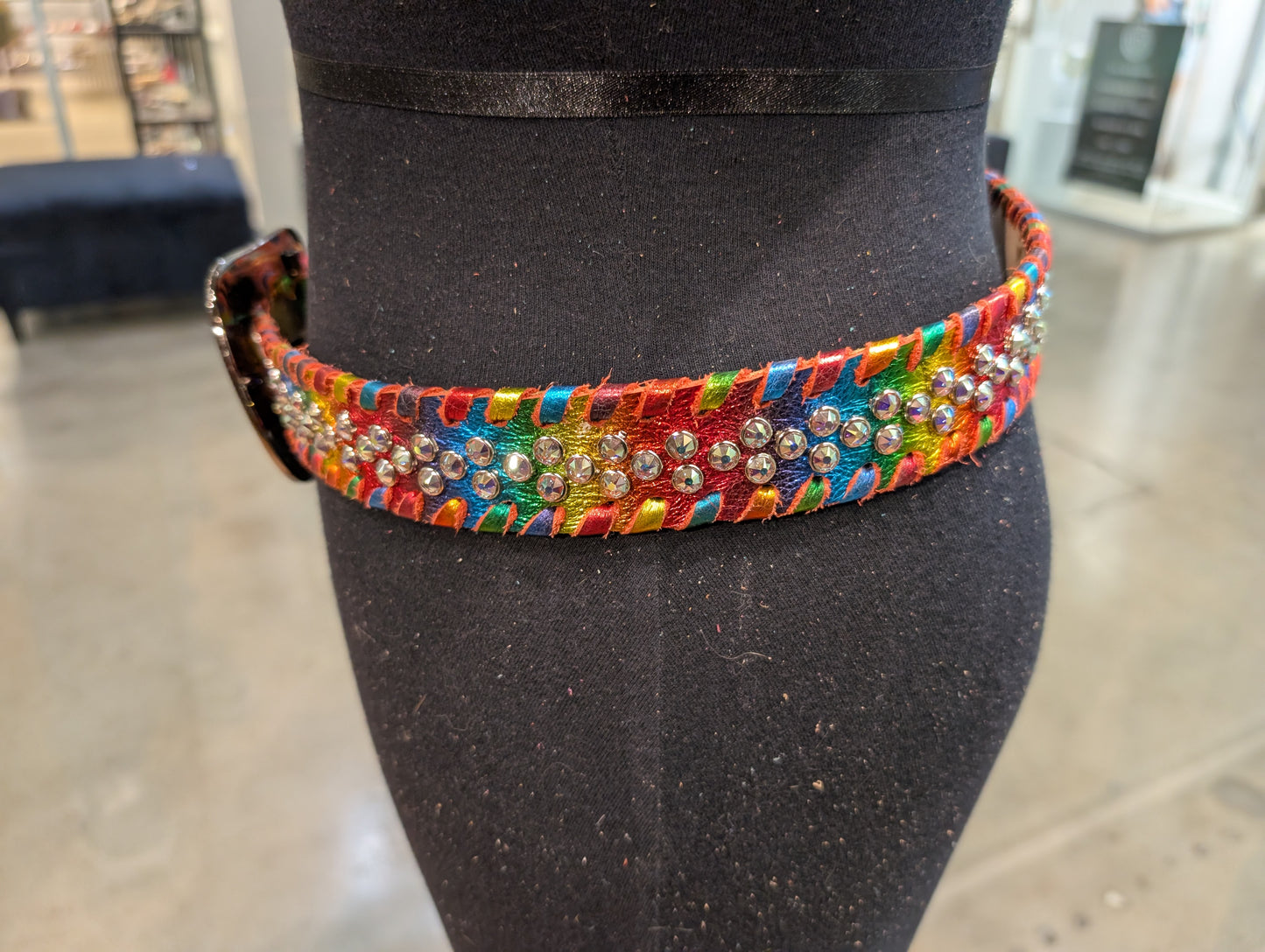 Kurtman Rainbow Crystal Leather Belt — styled front view showing crystal buckle set