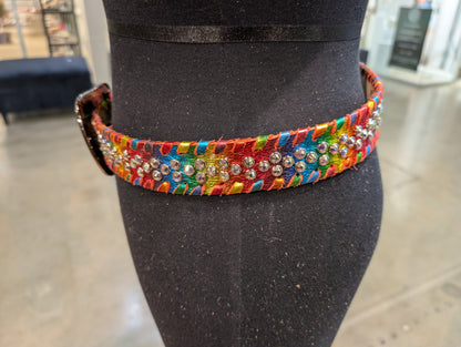 Kurtman Rainbow Crystal Leather Belt — styled front view showing crystal buckle set