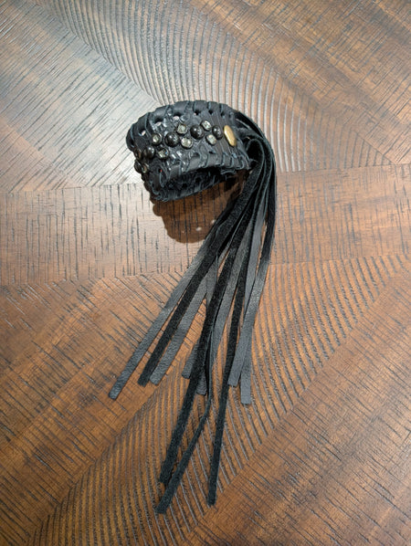 Kurtman Leather Fringe Cuff in black — croc-embossed leather with crystal studs and long leather fringe