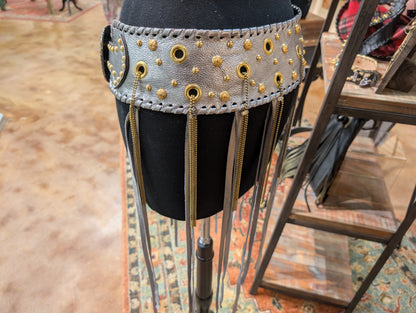 Kurtman Silver Metallic Fringe Corset Belt — back detail showing gold studs, grommet eyelets and chain fringe