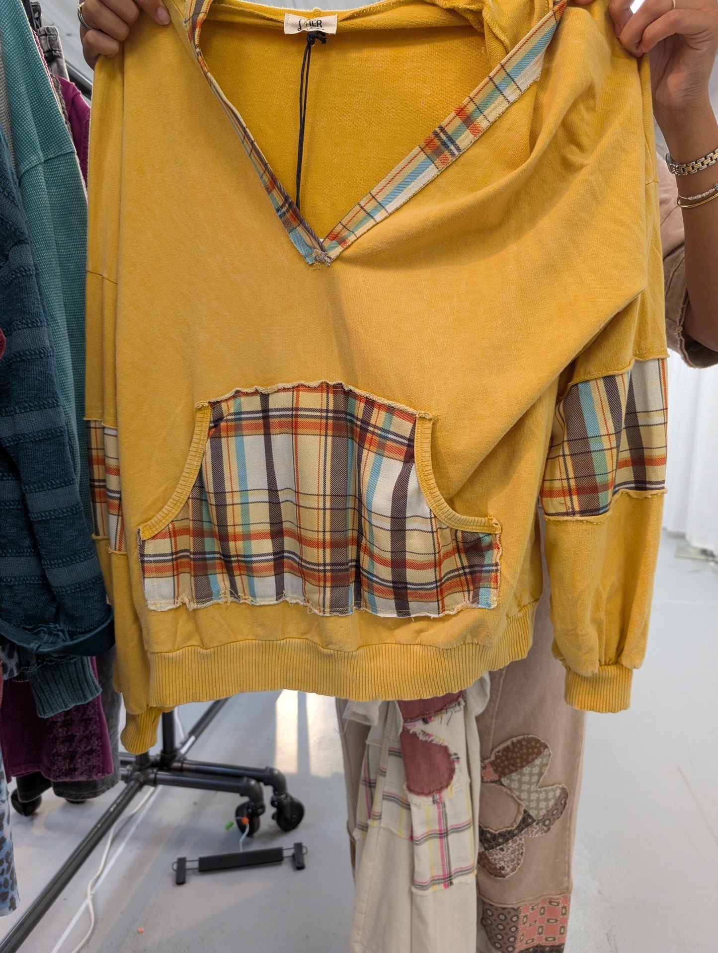 J.Her HT5985 Mustard Plaid Trim Cropped Hoodie Top