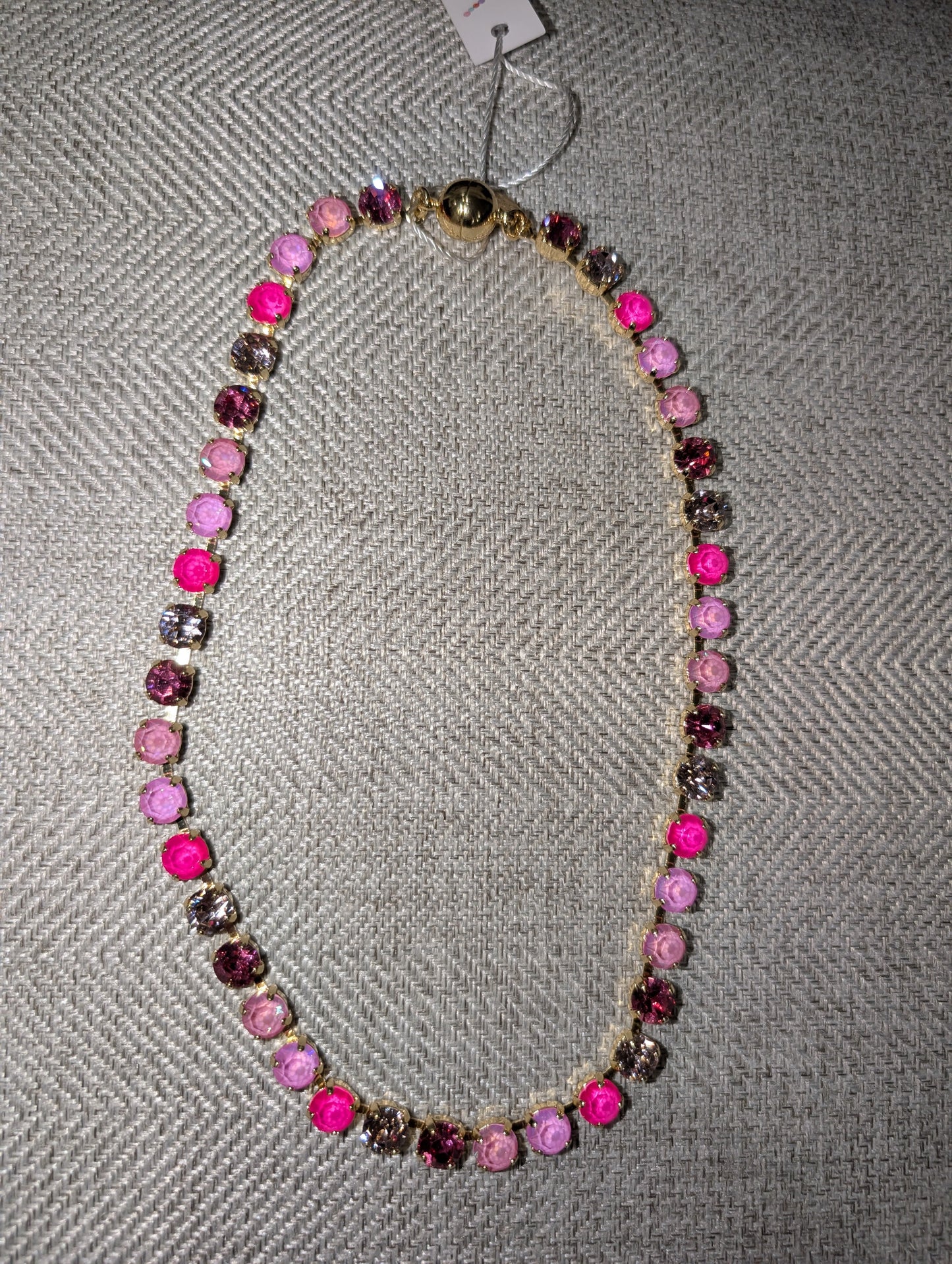 Pre Order WaFa Pink Multi Crystal Necklace — 16-inch collar of hot pink, blush, mauve and smoky rose crystals in gold setting