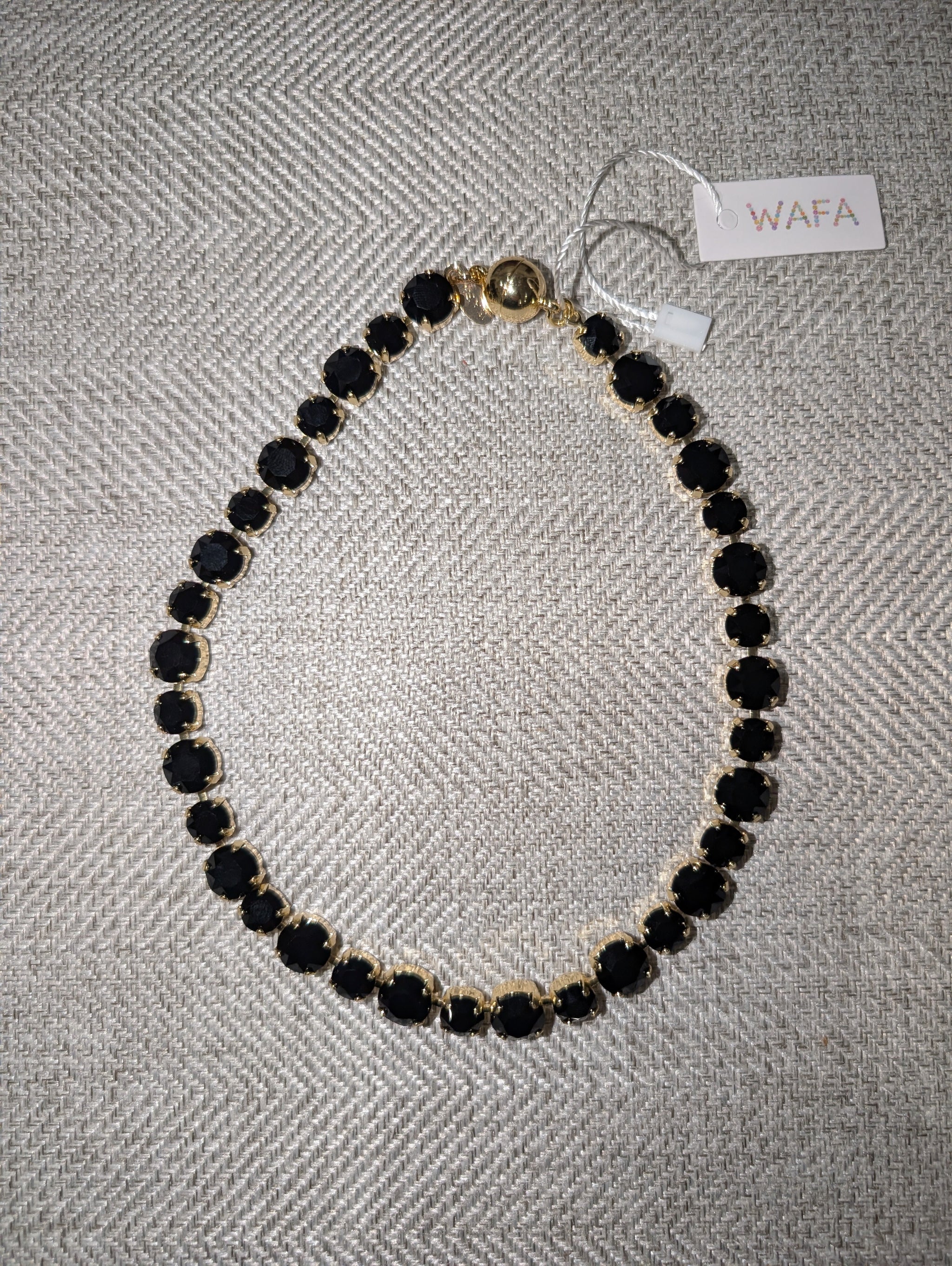 Pre Order WaFa Black Crystal Necklace — 16-inch collar of jet black crystals in gold setting