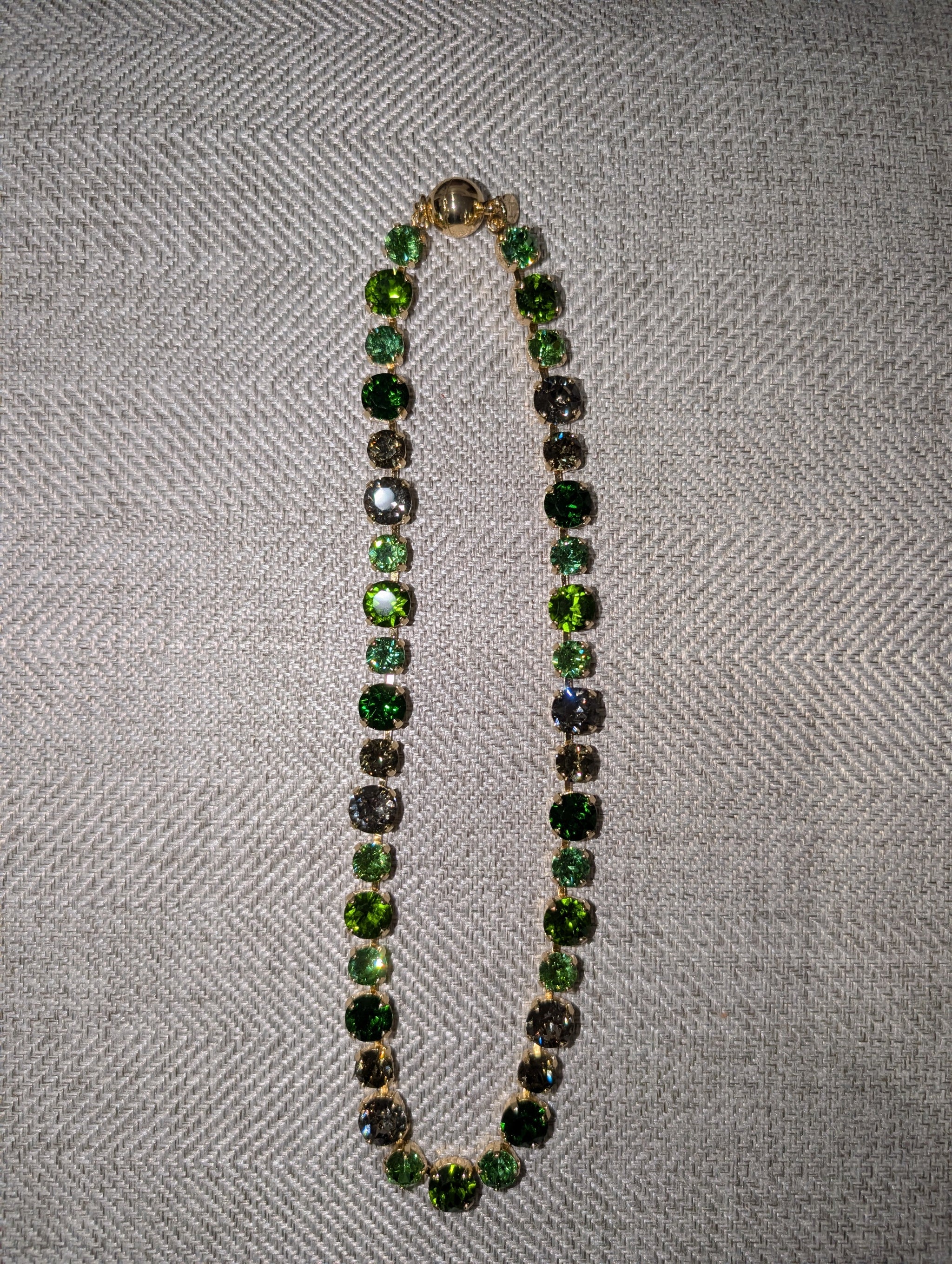 Pre Order WaFa Multi Green Crystal Necklace — 16-inch collar of mixed forest, olive and smoky green crystals in gold setting